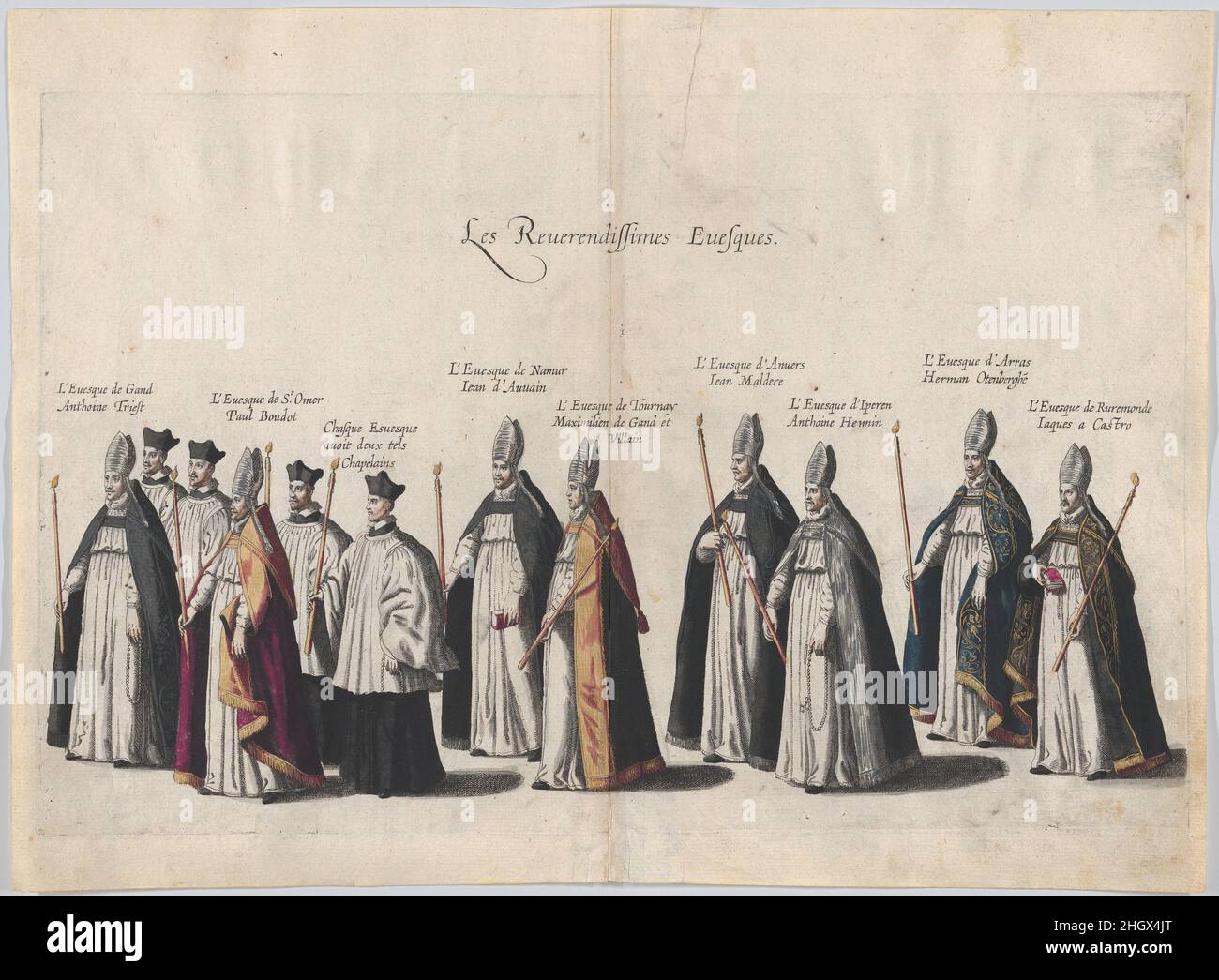 Tafel 12: Mitglieder des Klerus marschieren in der Trauerprozession von Erzherzog Albert von Österreich; aus 'Pompa Funebris ... Alberti PII' 1623 Cornelis Galle I Platte aus 'Pompa Funebris ... Alberti PII', nach Jacques Francquart, illustriert die Trauerprozession von Albert dem Frommen (1559–1621), Erzherzog von Österreich, Sohn von Kaiser Maximilian II. In der Mitte sind 2 Blätter zusammengeklebt.die erste Ausgabe dieser Serie enthält 54 nummerierte Tafeln und eine eingravierte Titelseite, die 1623 erschienen ist.die zweite und dritte Auflage enthalten 66 Tafeln und wurden 1728 bzw. 1729 veröffentlicht. Platte 12: Stockfoto