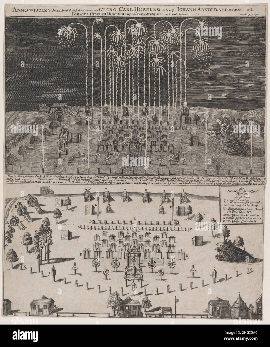 Feuerwerk auf dem Schiessplatz, Nürnberg, 22. Juni 1665 nach 1665 Pyrotechnik von Georg Carl Hornung Nürnberg war die Feuerwerkskörper-Hauptstadt der deutschen Staaten, und dieser vorher-Nachher-Druck mag einen didaktischen Zweck gehabt haben, der die Wirkung verschiedener Geräte und Artillerie demonstriert. Neben Raketen, römischen Kerzen und Katharinenrädern gibt es links eine Art Plakatwand, die die Geschichte des reichen Mannes und des armen Lazarus illustriert, während rechts ein offener Höllenmund einen der Verdammten und einen Teufel im Inneren enthüllt. Feuerwerk am Schiessplatz, Nürnberg, 22. Juni 1665. Nach 1665. Stockfoto