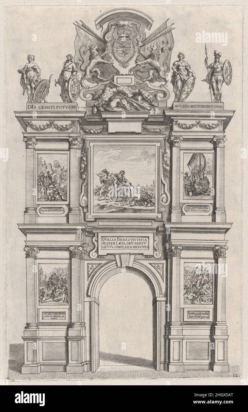 Tafel 12: Triumphbogen, Erhebung der hinteren Fassade, mit den Armen Ferdinands überragt und mit fünf mythischen oder heroischen Szenen verziert; aus Guillielmus Becanus' Serenissimi Principis Ferdinandi, Hispaniarum Infantis...' 1636 Johannes Meursius am 28. Januar 1635 feierte die Stadt Gent den Eintritt von Kardinal-Infante Ferdinand von Spanien, dem kürzlich ernannten Gouverneur der Südniederländer. Eine Gruppe flämischer Künstler wurde beauftragt, Gemälde für die Dekoration von zwei Triumphbögen zu erstellen, die zu diesem Anlass auf dem Hauptplatz der Stadt errichtet wurden. Obwohl die Mehrheit der t Stockfoto