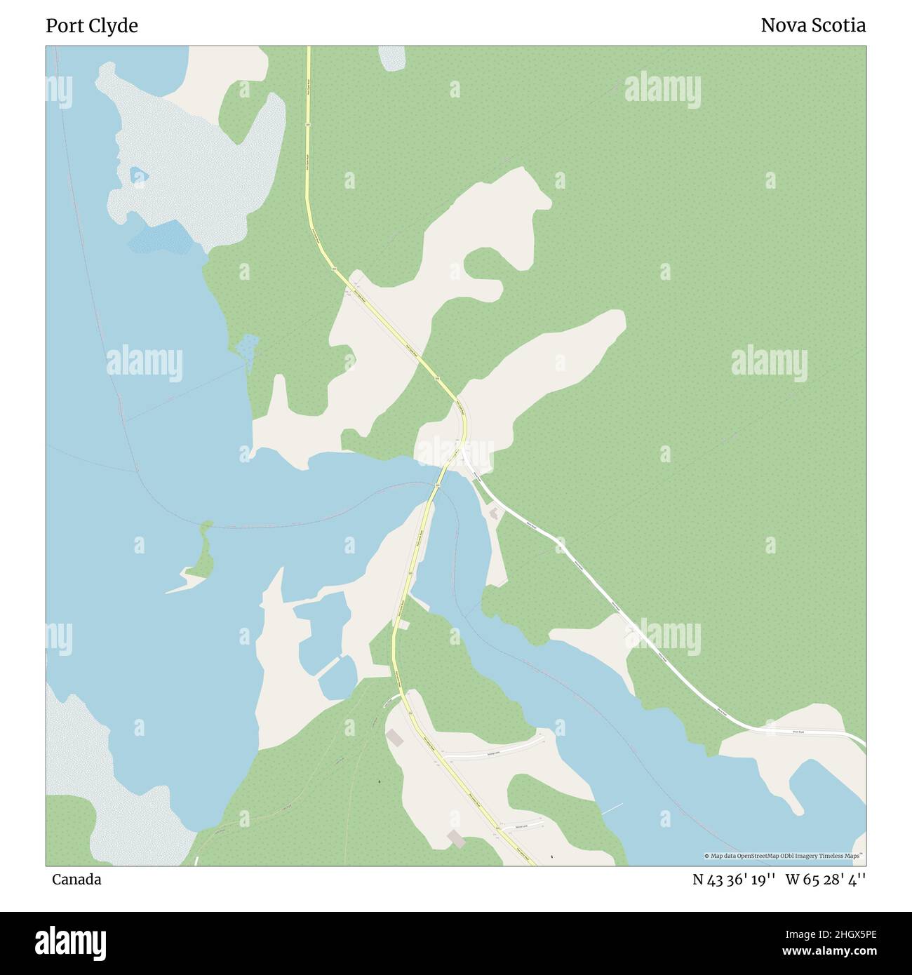 Port Clyde, Kanada, Nova Scotia, N 43 36' 19'', W 65 28' 4'', Karte, Timeless Map veröffentlicht im Jahr 2021. Reisende, Entdecker und Abenteurer wie Florence Nightingale, David Livingstone, Ernest Shackleton, Lewis and Clark und Sherlock Holmes haben sich bei der Planung von Reisen zu den entlegensten Ecken der Welt auf Karten verlassen.Timeless Maps kartiert die meisten Orte auf der Welt und zeigt die Verwirklichung großer Träume Stockfoto