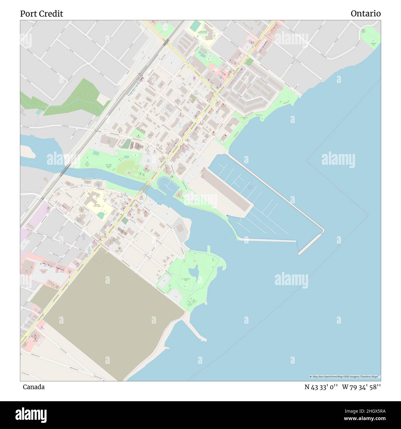 Port Credit, Canada, Ontario, N 43 33' 0'', W 79 34' 58'', map, Timeless Map veröffentlicht im Jahr 2021. Reisende, Entdecker und Abenteurer wie Florence Nightingale, David Livingstone, Ernest Shackleton, Lewis and Clark und Sherlock Holmes haben sich bei der Planung von Reisen zu den entlegensten Ecken der Welt auf Karten verlassen.Timeless Maps kartiert die meisten Orte auf der Welt und zeigt die Verwirklichung großer Träume Stockfoto