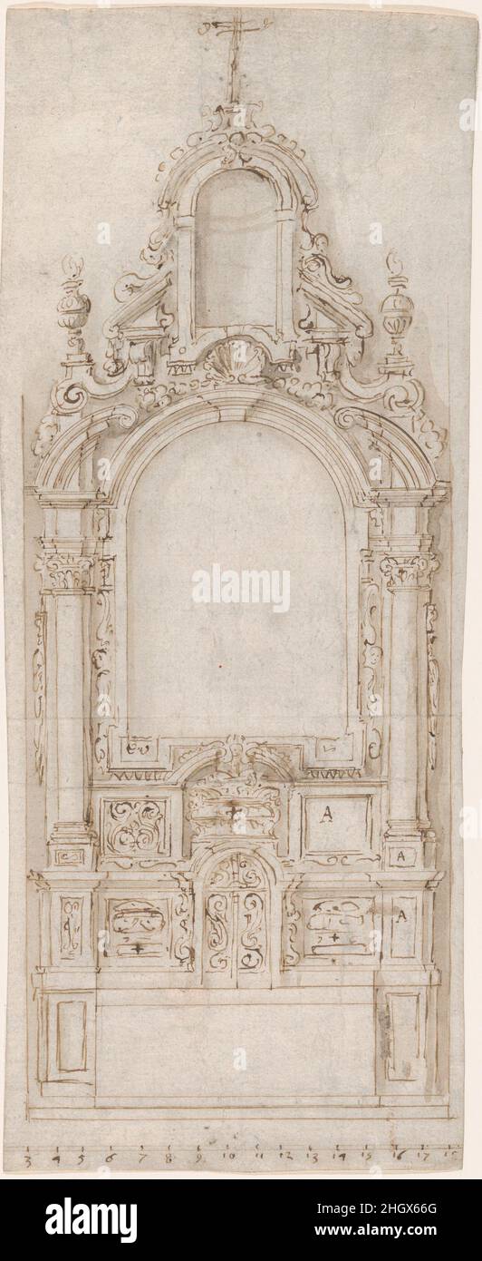 Entwurf für einen Altar 17th Jahrhundert Anonymous, Flämisch, 17th Jahrhundert Flämisch. Entwurf für einen Altar. Anonym, Flämisch, 17th Jahrhundert. 17th Jahrhundert. Stift und braune Tinte mit grau-brauner Wäsche Stockfoto
