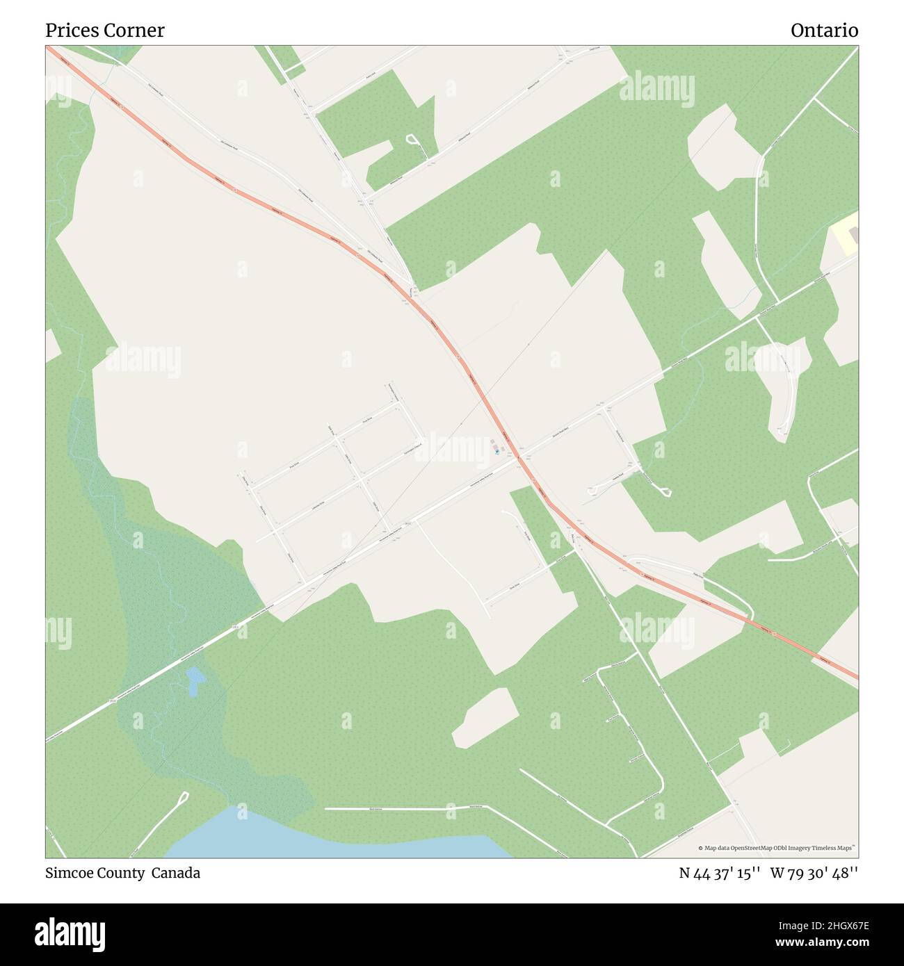 Preisecke, Simcoe County, Kanada, Ontario, N 44 37' 15'', W 79 30' 48'', map, Timeless Map veröffentlicht im Jahr 2021. Reisende, Entdecker und Abenteurer wie Florence Nightingale, David Livingstone, Ernest Shackleton, Lewis and Clark und Sherlock Holmes haben sich bei der Planung von Reisen zu den entlegensten Ecken der Welt auf Karten verlassen.Timeless Maps kartiert die meisten Orte auf der Welt und zeigt die Verwirklichung großer Träume Stockfoto