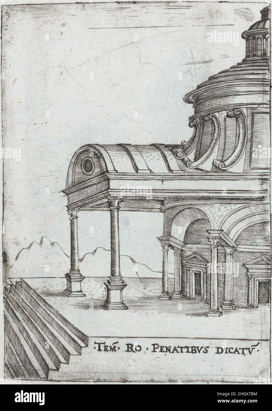 Pinaculu Termar, aus einer Serie von Drucken, die (rekonstruierte) Gebäude aus der römischen Antike darstellen. 1530–1550 früher Monogrammist G.A. & dem Caltrop-perspektivischen Querschnitt eines Gebäudes zugeschrieben, das als ‘Pinaculu Termar’ bezeichnet wird. Das Gebäude hat einen kreisförmigen Grundriß und besteht aus einem zentralen runden Kirchenschiff, das von einem Ambulatorium umgeben ist. Die Kassettendecke wird oben durch einen oculus unterbrochen. Es wurde zwar vorgeschlagen, dass das Gebäude die Kirche Santa Costanza in Rom darstellen könnte, aber die Innen- und Außenmerkmale des in diesem Bild dargestellten Gebäudes unterscheiden sich zu stark, t Stockfoto