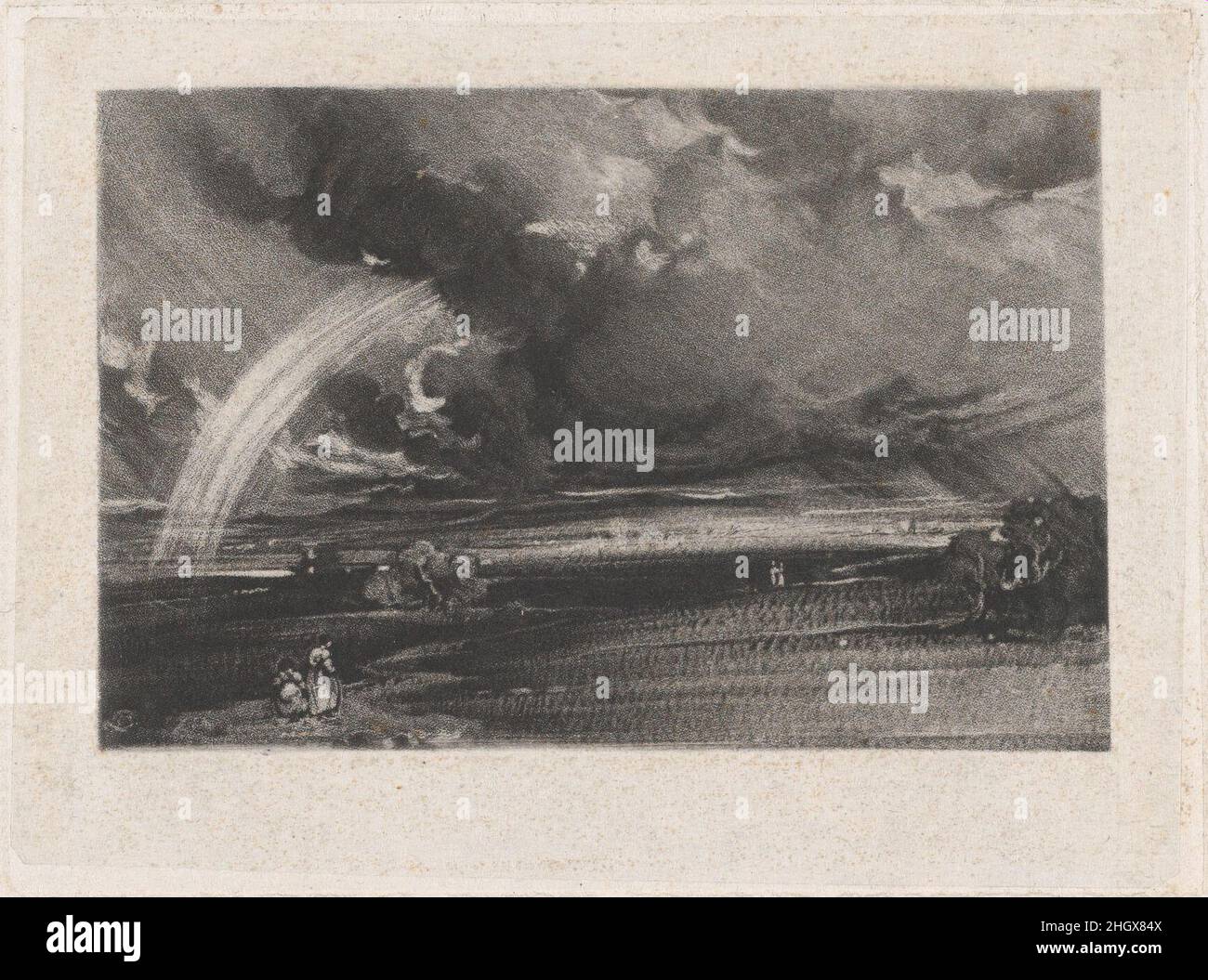 Departing Storm 1829 David Lucas British Blick auf eine Landschaft, über der sich abfliegende Wolken einen Regenbogen zeigen.1827 begann Constable mit der Arbeit an dem Projekt, das seine Aufmerksamkeit bis zu seinem Tod sieben Jahre später beschäftigen sollte: Die Veröffentlichung einer Serie von Drucken, die auf seinen Gemälden basieren, die als Zusammenfassung seiner Leistungen stehen würden. Der Maler arbeitete eng mit dem Kupferstecher David Lucas zusammen, um Drucke zu erstellen, die Constable's didaktische Absicht veranschaulichen sollten – das „Chiaroscuro der Natur“ zu veranschaulichen. Das Medium von Mezzotint, bei dem das Design mit einem W von dunkel zu hell entwickelt wird Stockfoto