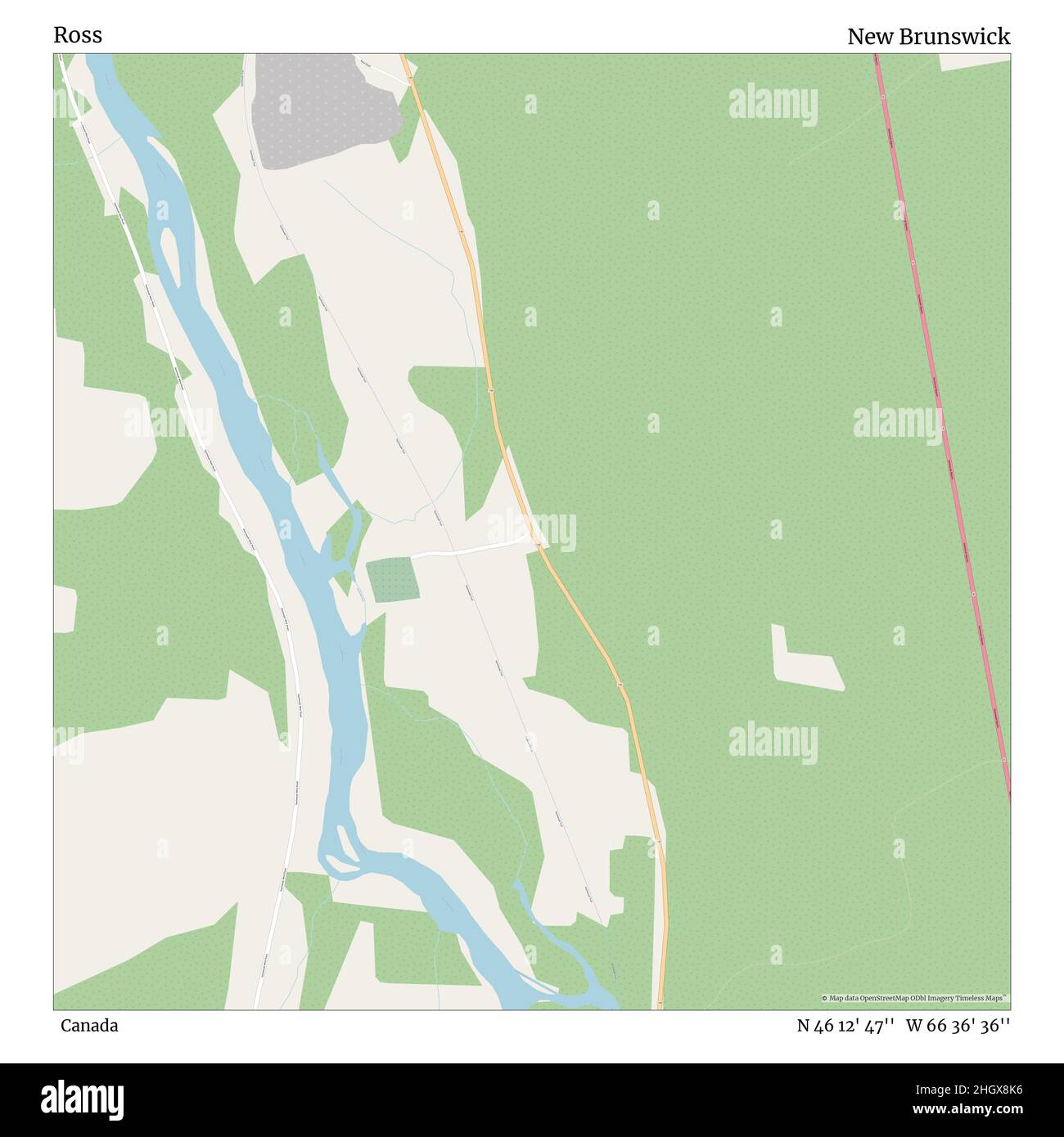 Ross, Kanada, New Brunswick, N 46 12' 47'', W 66 36' 36'', map, Timeless Map veröffentlicht im Jahr 2021. Reisende, Entdecker und Abenteurer wie Florence Nightingale, David Livingstone, Ernest Shackleton, Lewis and Clark und Sherlock Holmes haben sich bei der Planung von Reisen zu den entlegensten Ecken der Welt auf Karten verlassen.Timeless Maps kartiert die meisten Orte auf der Welt und zeigt die Verwirklichung großer Träume Stockfoto