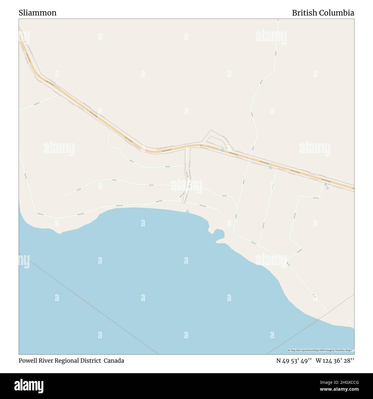 Sliammon, Powell River Regional District, Kanada, British Columbia, N 49 53' 49'', W 124 36' 28'', map, Timeless Map veröffentlicht im Jahr 2021. Reisende, Entdecker und Abenteurer wie Florence Nightingale, David Livingstone, Ernest Shackleton, Lewis and Clark und Sherlock Holmes haben sich bei der Planung von Reisen zu den entlegensten Ecken der Welt auf Karten verlassen.Timeless Maps kartiert die meisten Orte auf der Welt und zeigt die Verwirklichung großer Träume Stockfoto