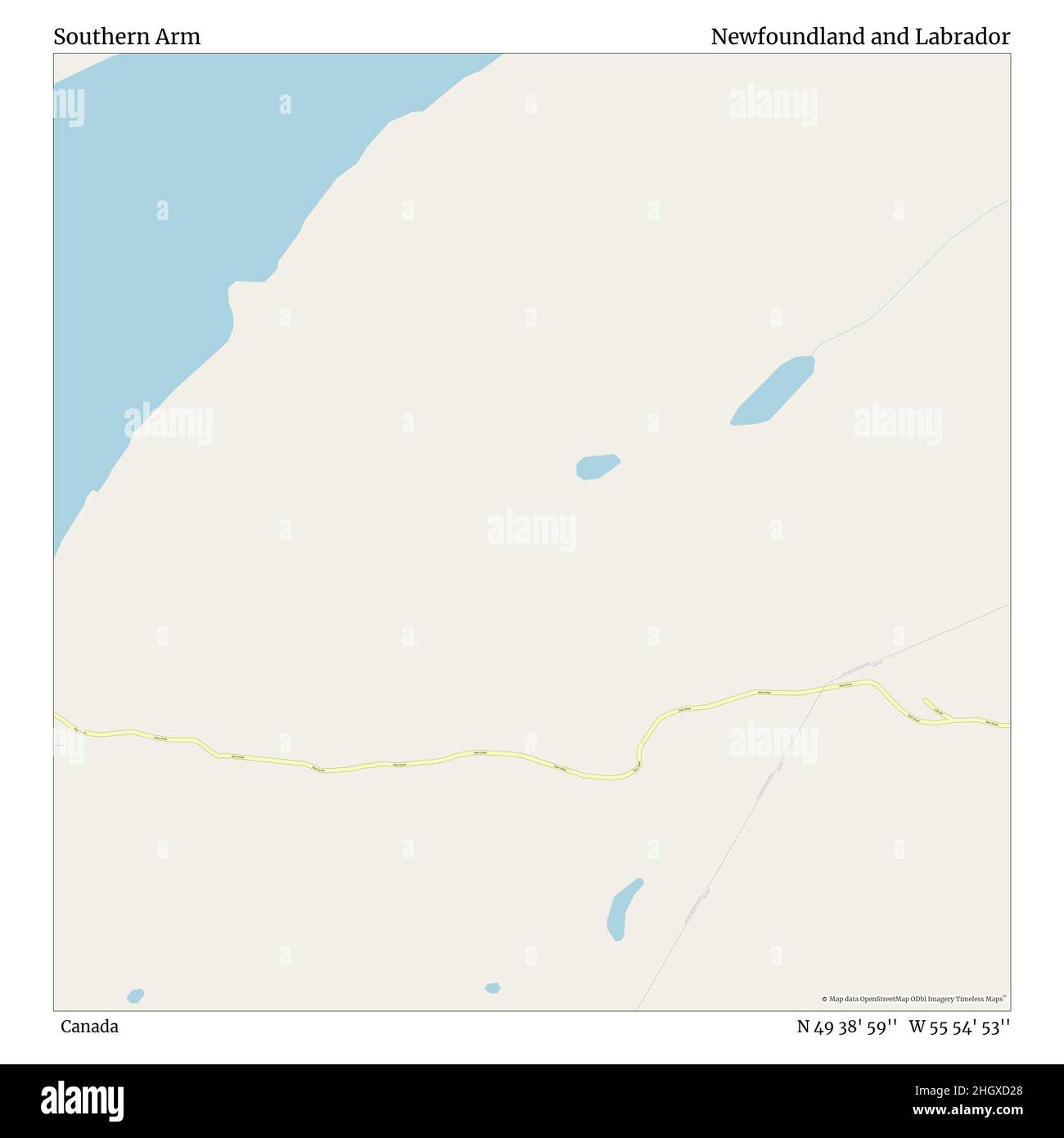 Southern Arm, Canada, Newfoundland and Labrador, N 49 38' 59'', W 55 54' 53'', map, Timeless Map veröffentlicht im Jahr 2021. Reisende, Entdecker und Abenteurer wie Florence Nightingale, David Livingstone, Ernest Shackleton, Lewis and Clark und Sherlock Holmes haben sich bei der Planung von Reisen zu den entlegensten Ecken der Welt auf Karten verlassen.Timeless Maps kartiert die meisten Orte auf der Welt und zeigt die Verwirklichung großer Träume Stockfoto