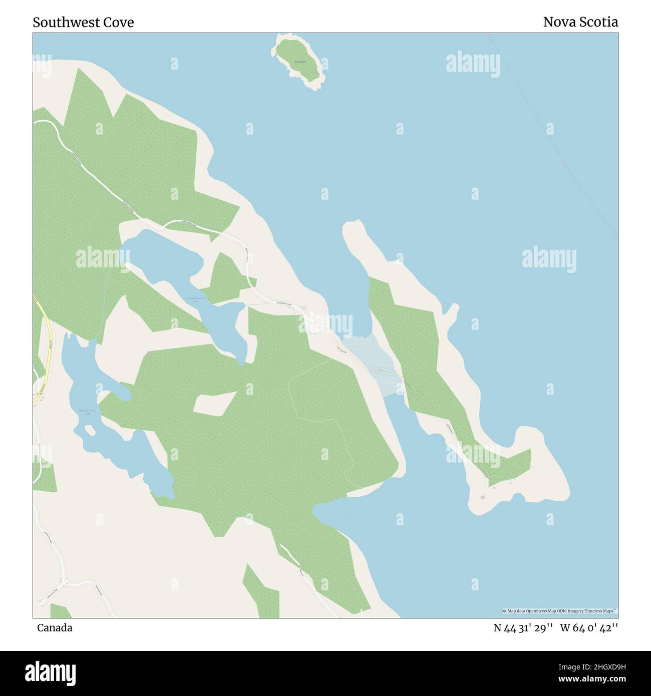 Southwest Cove, Canada, Nova Scotia, N 44 31' 29'', W 64 0' 42'', map, Timeless Map veröffentlicht im Jahr 2021. Reisende, Entdecker und Abenteurer wie Florence Nightingale, David Livingstone, Ernest Shackleton, Lewis and Clark und Sherlock Holmes haben sich bei der Planung von Reisen zu den entlegensten Ecken der Welt auf Karten verlassen.Timeless Maps kartiert die meisten Orte auf der Welt und zeigt die Verwirklichung großer Träume Stockfoto