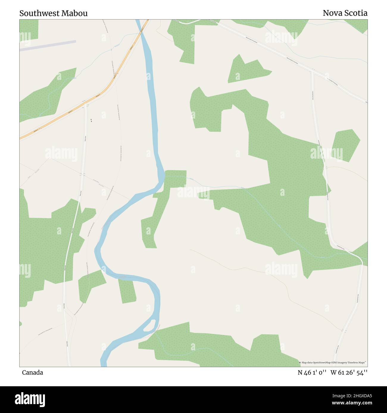 Southwest Mabou, Canada, Nova Scotia, N 46 1' 0'', W 61 26' 54'', map, Timeless Map veröffentlicht im Jahr 2021. Reisende, Entdecker und Abenteurer wie Florence Nightingale, David Livingstone, Ernest Shackleton, Lewis and Clark und Sherlock Holmes haben sich bei der Planung von Reisen zu den entlegensten Ecken der Welt auf Karten verlassen.Timeless Maps kartiert die meisten Orte auf der Welt und zeigt die Verwirklichung großer Träume Stockfoto