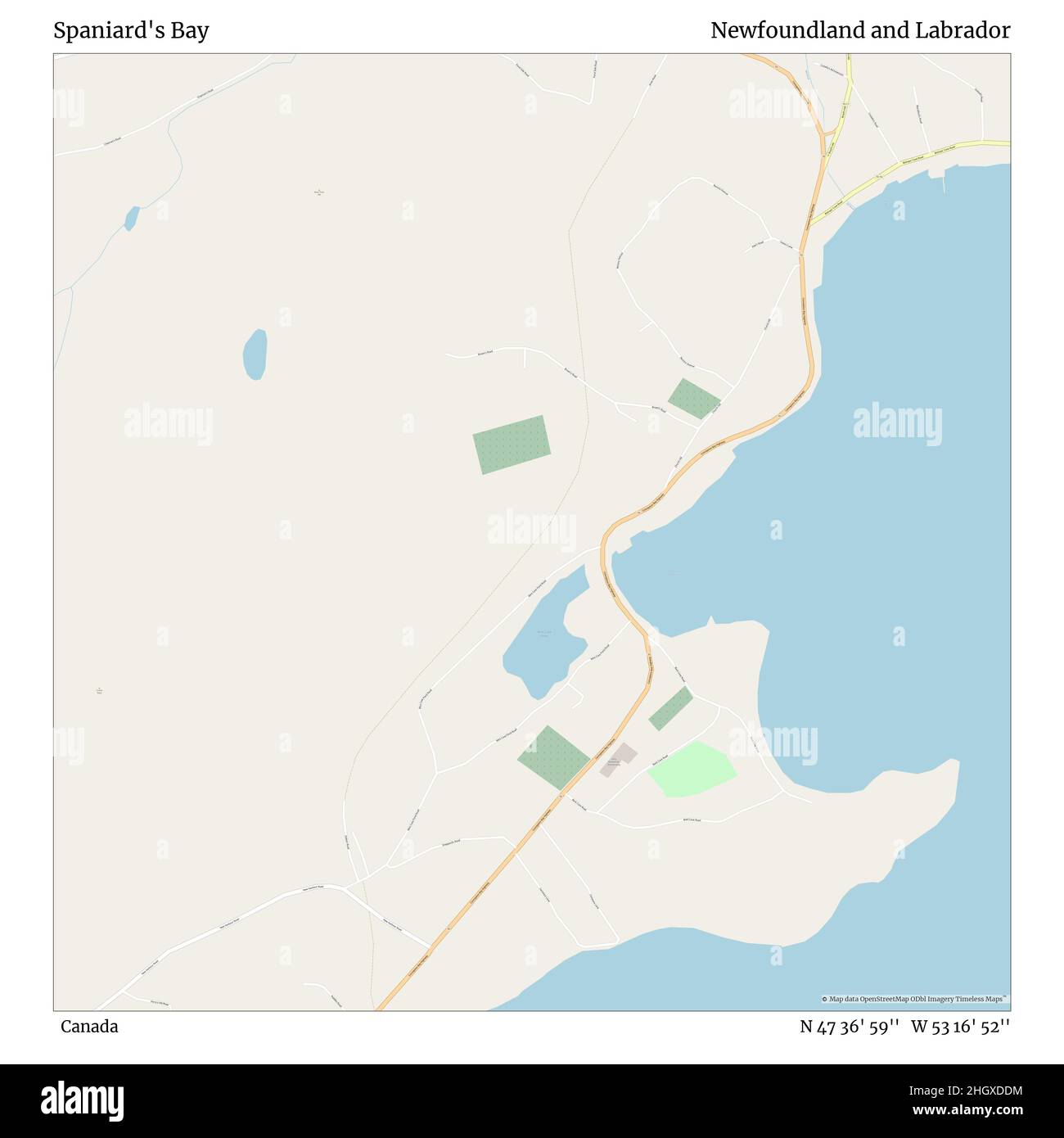 Spaniard's Bay, Kanada, Neufundland und Labrador, N 47 36' 59'', W 53 16' 52'', Karte, Timeless Map veröffentlicht 2021. Reisende, Entdecker und Abenteurer wie Florence Nightingale, David Livingstone, Ernest Shackleton, Lewis and Clark und Sherlock Holmes haben sich bei der Planung von Reisen zu den entlegensten Ecken der Welt auf Karten verlassen.Timeless Maps kartiert die meisten Orte auf der Welt und zeigt die Verwirklichung großer Träume Stockfoto