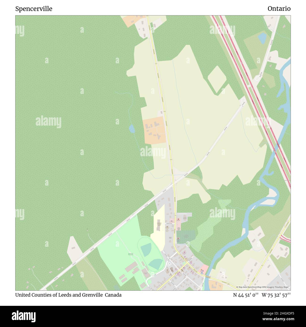 SPENCERVILLE, United Counties of Leeds and Grenville, Canada, Ontario, N 44 51' 0'', W 75 32' 57'', map, Timeless Map veröffentlicht im Jahr 2021. Reisende, Entdecker und Abenteurer wie Florence Nightingale, David Livingstone, Ernest Shackleton, Lewis and Clark und Sherlock Holmes haben sich bei der Planung von Reisen zu den entlegensten Ecken der Welt auf Karten verlassen.Timeless Maps kartiert die meisten Orte auf der Welt und zeigt die Verwirklichung großer Träume Stockfoto