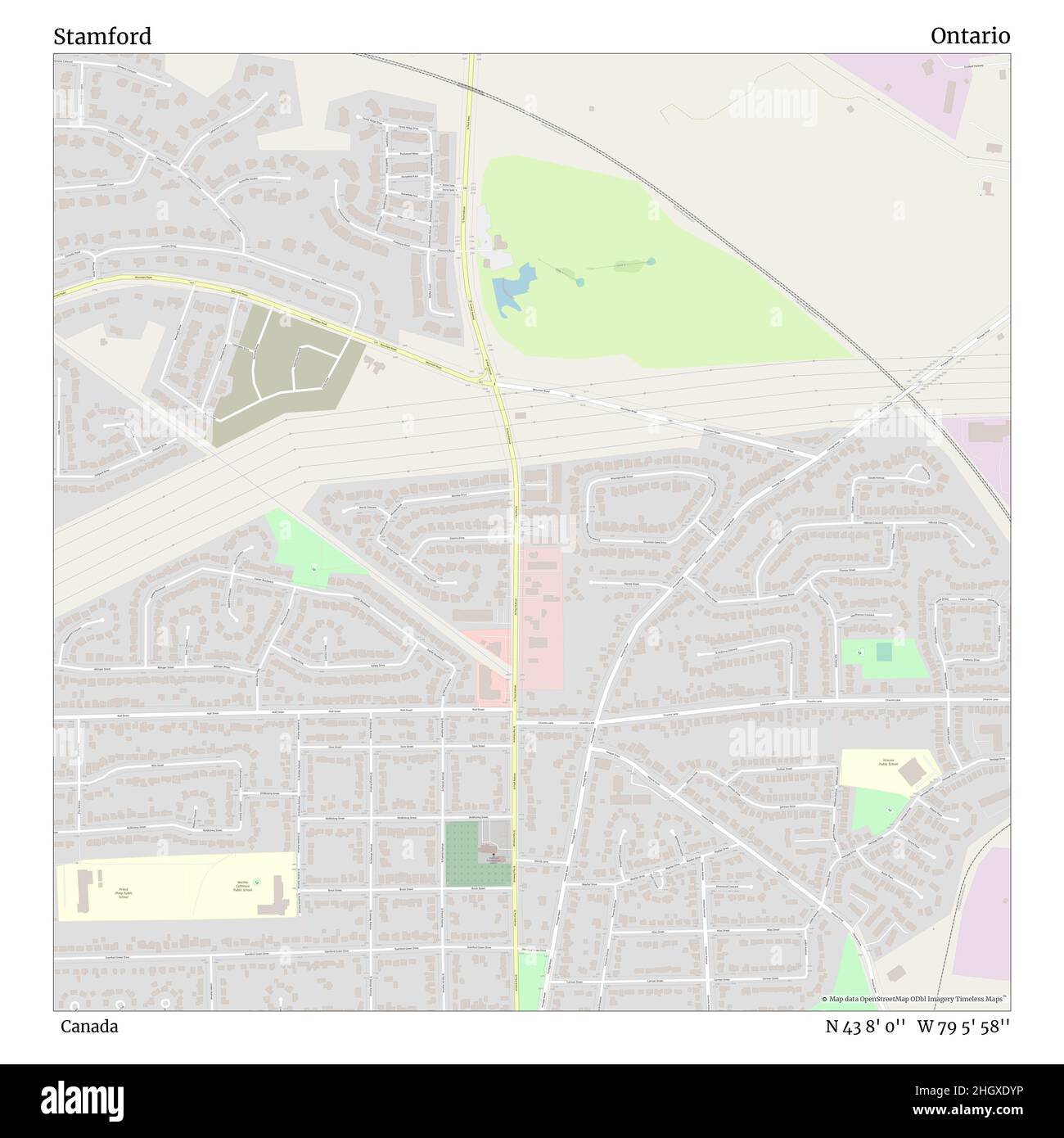 Stamford, Kanada, Ontario, N 43 8' 0'', W 79 5' 58'', map, Timeless Map veröffentlicht im Jahr 2021. Reisende, Entdecker und Abenteurer wie Florence Nightingale, David Livingstone, Ernest Shackleton, Lewis and Clark und Sherlock Holmes haben sich bei der Planung von Reisen zu den entlegensten Ecken der Welt auf Karten verlassen.Timeless Maps kartiert die meisten Orte auf der Welt und zeigt die Verwirklichung großer Träume Stockfoto