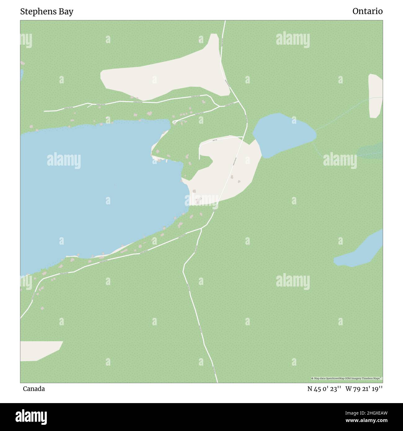 Stephens Bay, Kanada, Ontario, N 45 0' 23'', W 79 21' 19'', Karte, Timeless Map veröffentlicht im Jahr 2021. Reisende, Entdecker und Abenteurer wie Florence Nightingale, David Livingstone, Ernest Shackleton, Lewis and Clark und Sherlock Holmes haben sich bei der Planung von Reisen zu den entlegensten Ecken der Welt auf Karten verlassen.Timeless Maps kartiert die meisten Orte auf der Welt und zeigt die Verwirklichung großer Träume Stockfoto