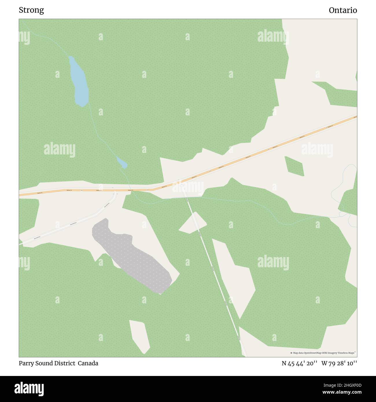 Strong, Parry Sound District, Kanada, Ontario, N 45 44' 20'', W 79 28' 10'', map, Timeless Map veröffentlicht im Jahr 2021. Reisende, Entdecker und Abenteurer wie Florence Nightingale, David Livingstone, Ernest Shackleton, Lewis and Clark und Sherlock Holmes haben sich bei der Planung von Reisen zu den entlegensten Ecken der Welt auf Karten verlassen.Timeless Maps kartiert die meisten Orte auf der Welt und zeigt die Verwirklichung großer Träume Stockfoto