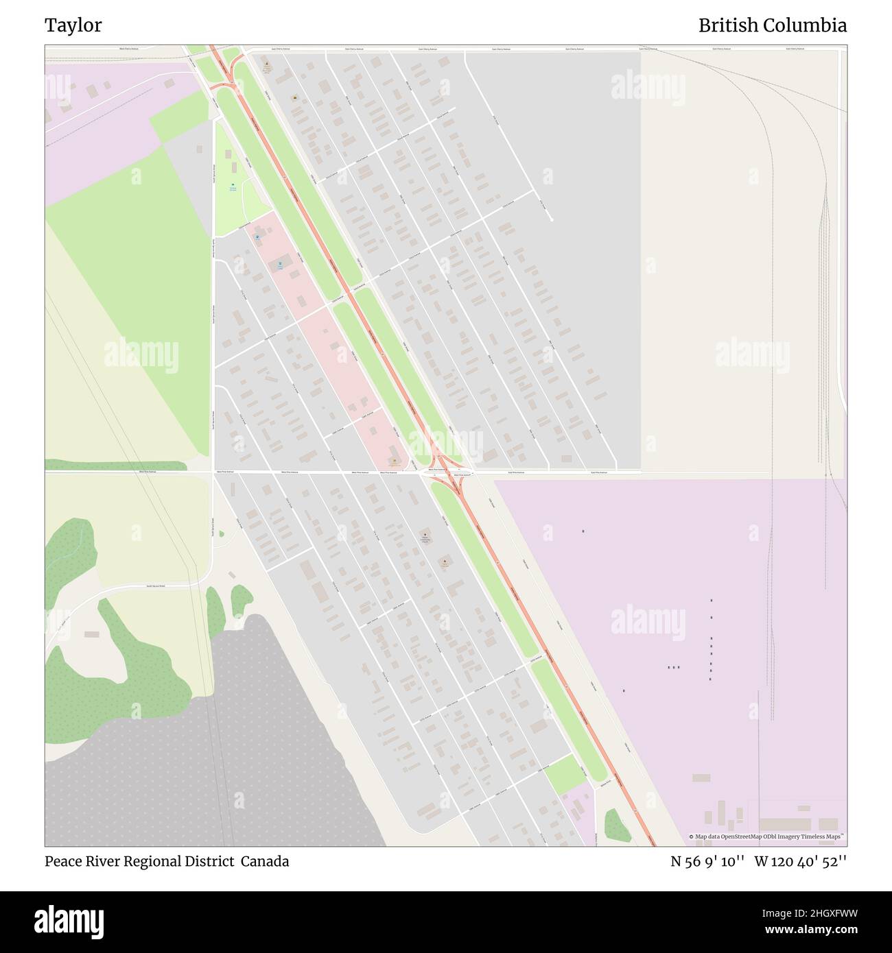 Taylor, Peace River Regional District, Kanada, British Columbia, N 56 9' 10'', W 120 40' 52'', map, Timeless Map veröffentlicht im Jahr 2021. Reisende, Entdecker und Abenteurer wie Florence Nightingale, David Livingstone, Ernest Shackleton, Lewis and Clark und Sherlock Holmes haben sich bei der Planung von Reisen zu den entlegensten Ecken der Welt auf Karten verlassen.Timeless Maps kartiert die meisten Orte auf der Welt und zeigt die Verwirklichung großer Träume Stockfoto