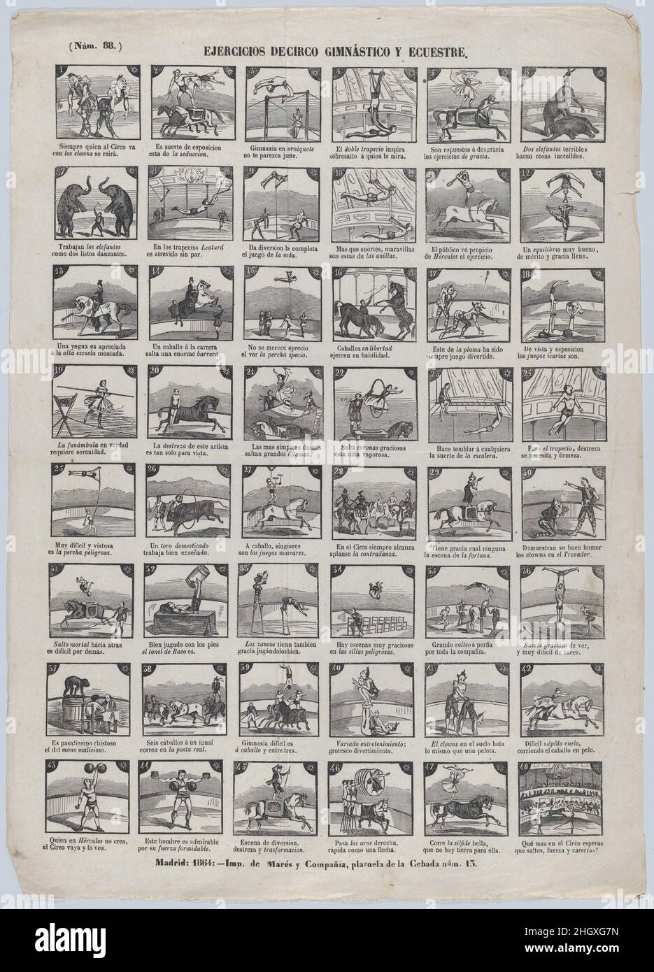 Breitseite mit 48 Szenen mit Zirkusgymnastik und Reitübungen 1864 José María Marés. Breitseite mit 48 Szenen mit Zirkusgymnastik und Reitübungen. 1864. Holzstich. José María Marés (Spanisch, aktiv ca. 1850–70). Ausdrucke Stockfoto
