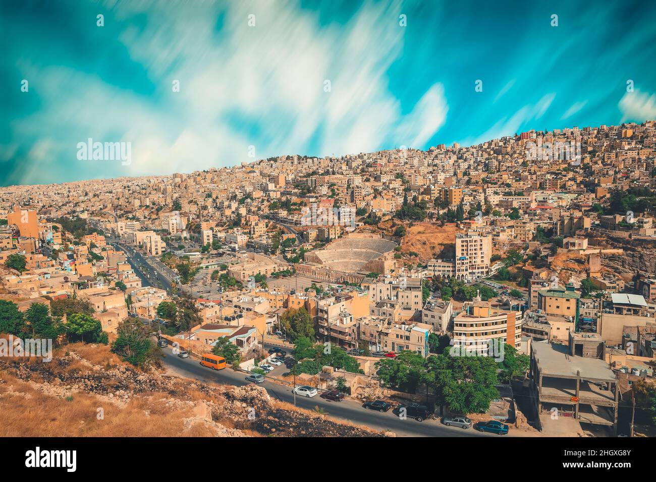 Amman Stadtbild Panorama der Stadt Amman, Jordanien mit dem alten römischen Theater im Zentrum Stockfoto