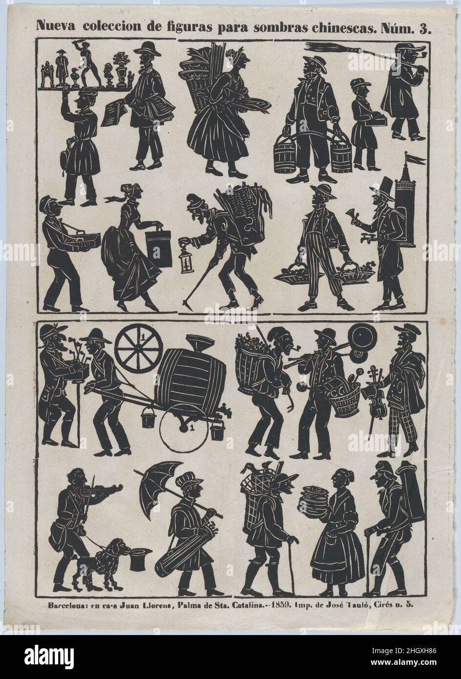 Blatt 3 mit Figuren für chinesische Schattenpuppen 1859 Juan Llorens. Blatt 3 mit Figuren für chinesische Schattenpuppen. 1859. Holzschnitt (?Holzstichmatrix). Juan Llorens (Spanisch, aktiv Barcelona, ca. 1855–70). Ausdrucke Stockfoto