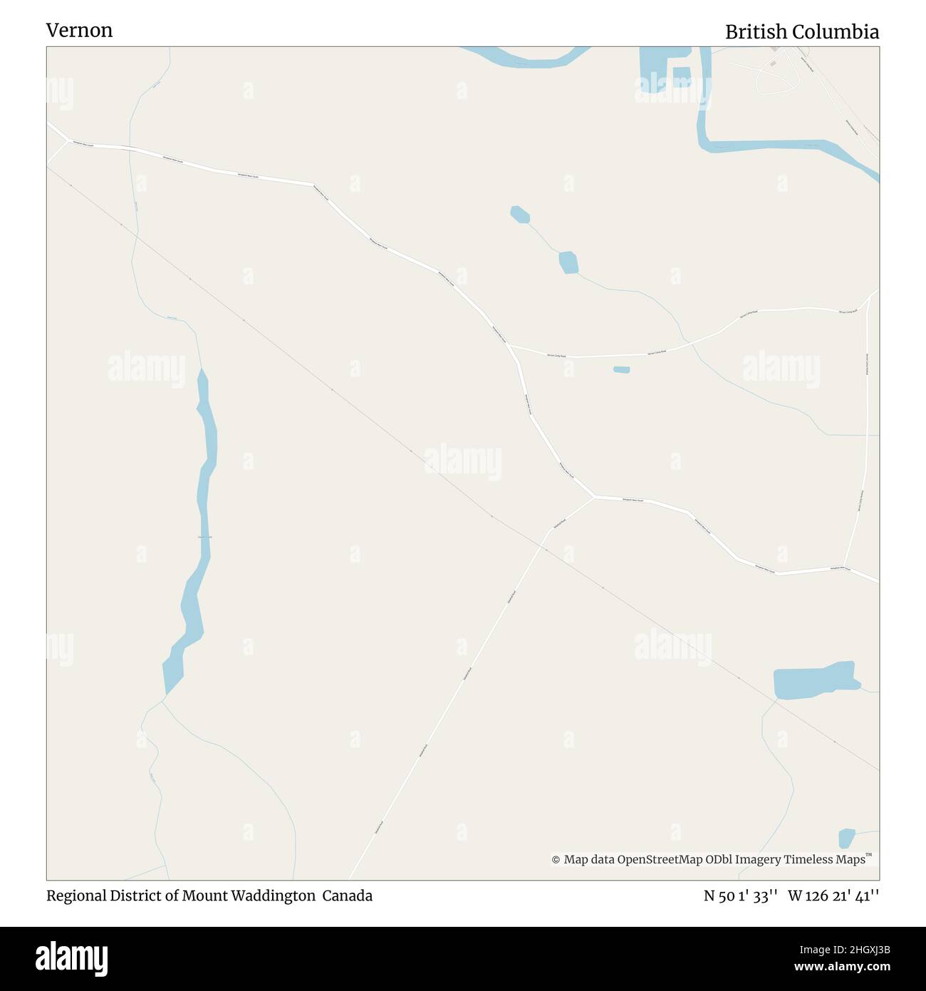 Vernon, Regional District of Mount Waddington, Canada, British Columbia, N 50 1' 33'', W 126 21' 41'', map, Timeless Map veröffentlicht im Jahr 2021. Reisende, Entdecker und Abenteurer wie Florence Nightingale, David Livingstone, Ernest Shackleton, Lewis and Clark und Sherlock Holmes haben sich bei der Planung von Reisen zu den entlegensten Ecken der Welt auf Karten verlassen.Timeless Maps kartiert die meisten Orte auf der Welt und zeigt die Verwirklichung großer Träume Stockfoto