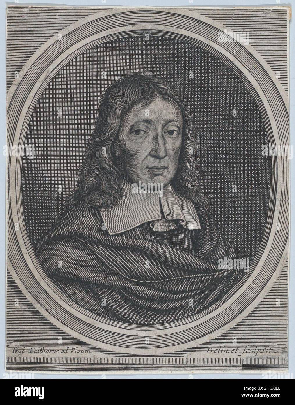 John Milton nach 1670 William Faithorne der Ältere das Motiv wird hier in 62 dargestellt und der Stich wurde als Frontispiz für Miltons 'History of Britain' (1670) erstellt. Überarbeitete Details entlang der unteren Kante deuten darauf hin, dass dies ein verspäteter Zustand ist. John Milton. William Faithorne the Elder (britisch, London ca. 1620–1691 London). Nach 1670. Gravur; später überarbeiteter Zustand. John Milton (British, London 1608–1674 London). Ausdrucke Stockfoto