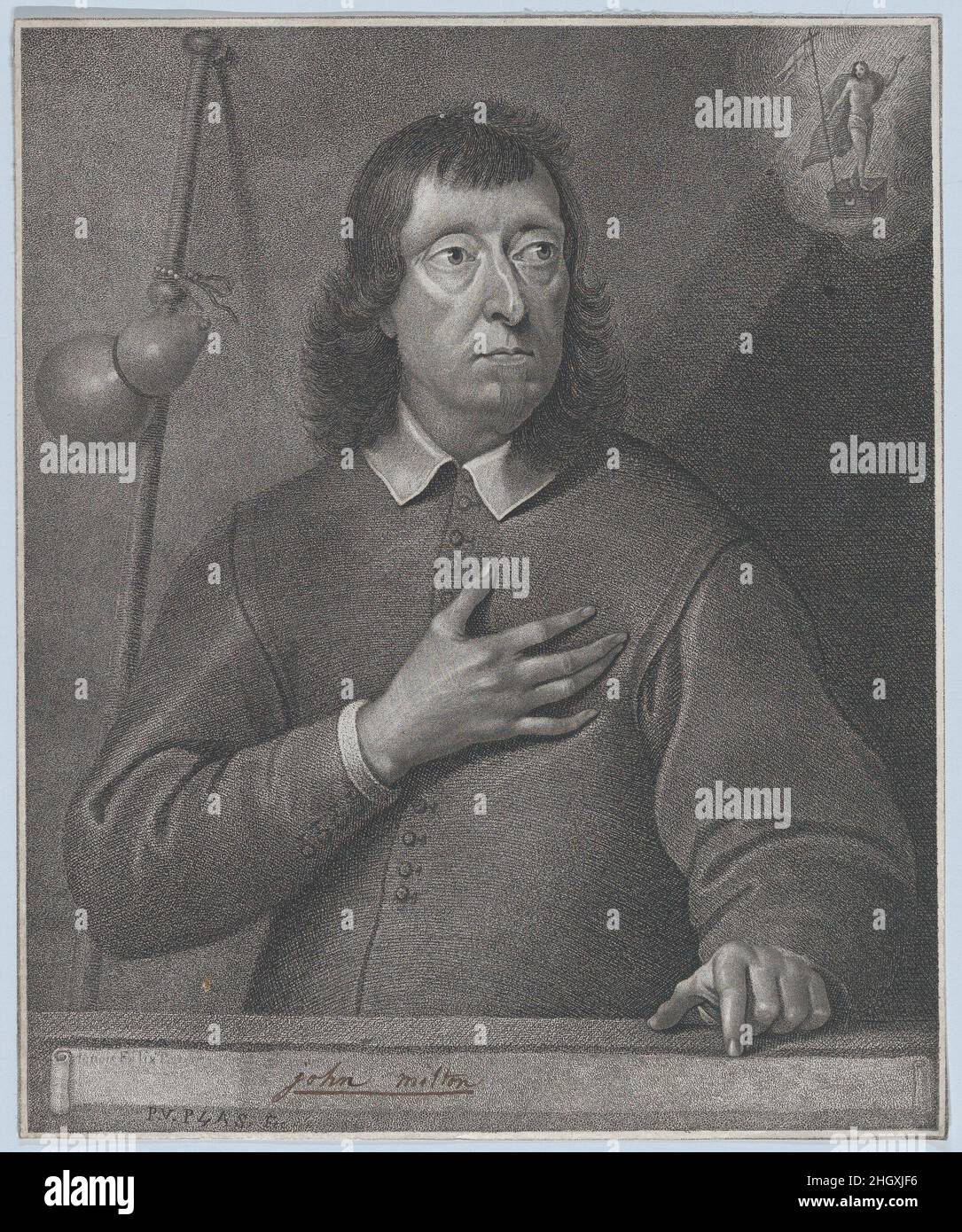 John Milton 1. August 1797 George Quinton dieser Stich, basierend auf einem Gemälde des niederländischen Künstlers van der Plas, identifiziert den Sitter als Milton. Eine schlichtweg gekleidete Figur legt seine Hand auf sein Herz, mit einem Pilgerstab und einer Flasche, die seinen lebenslangen Glaubensweg andeuten, und einem Bild Christi oben rechts, das das Objekt seiner Verehrung darstellt. John Milton. Nach Pieter Van der Plas (Niederländisch, aktiv 1643–45). 1. August 1797. Stichgravur. William Stevenson (British, 1749–1821) (im Namen von G. Quinton). George Quinton (britisch, aktiv 1797). Es wird gesagt, dass er John Milton (Brit Stockfoto