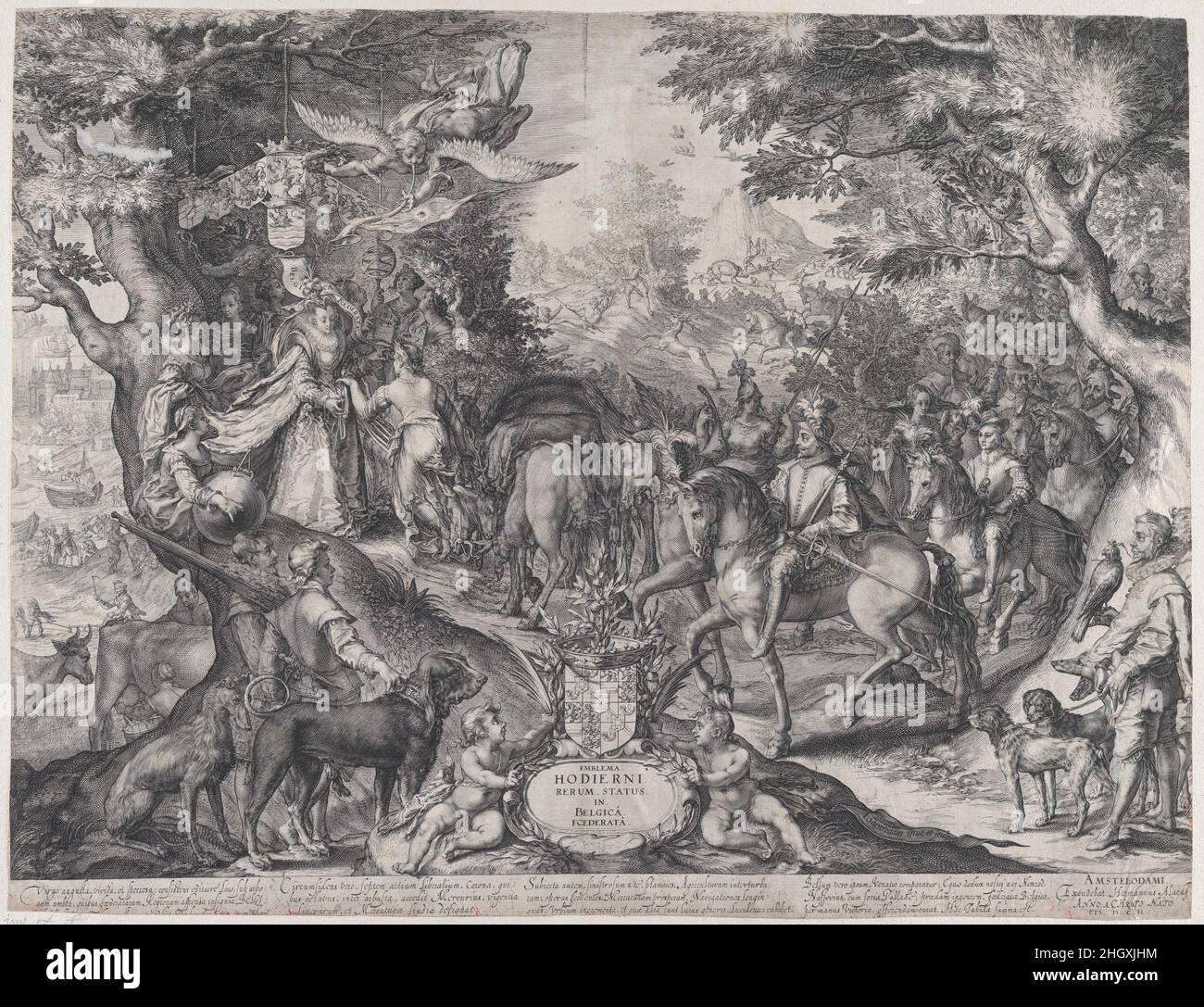 Allegorie des Sieges der Niederlande über Spanien 1600 Jan (Pietersz.) Saenredam Niederlandisch dieser Druck verherrlicht den Sieg der Niederländischen Republik in der Schlacht bei Nieuwpoort im Jahr 1600. Obwohl dieser Erfolg keinen Wendepunkt im Krieg der republik mit Spanien markiert, wurde das Ereignis zu dieser Zeit in Druckgrafiken freudig gefeiert. In Saenredams Gravur trägt ein Triumphwagen, der von den allegorischen Figuren Prudence und Victory angetrieben und von Concord und Vigilance gezogen wird, den holländischen Löwen mit einem Schwert, das die Verteidigung der Nation symbolisiert, in die Höhe. Der orangefarbene Baum auf der Rückseite der Chari Stockfoto