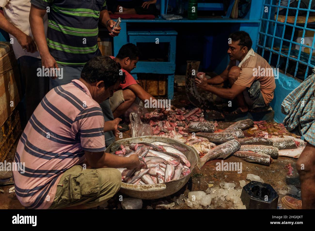 Arbeiter auf dem Fischmarkt in Kalkutta, Indien. Stockfoto