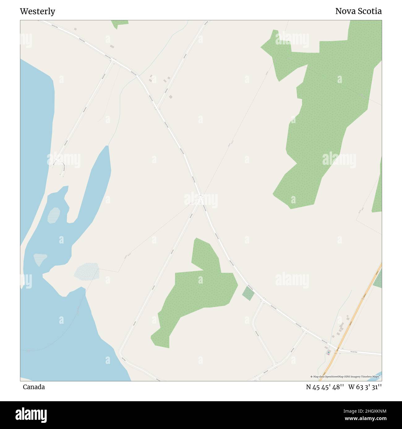 Westerly, Canada, Nova Scotia, N 45 45' 48'', W 63 3' 31'', map, Timeless Map veröffentlicht im Jahr 2021. Reisende, Entdecker und Abenteurer wie Florence Nightingale, David Livingstone, Ernest Shackleton, Lewis and Clark und Sherlock Holmes haben sich bei der Planung von Reisen zu den entlegensten Ecken der Welt auf Karten verlassen.Timeless Maps kartiert die meisten Orte auf der Welt und zeigt die Verwirklichung großer Träume Stockfoto