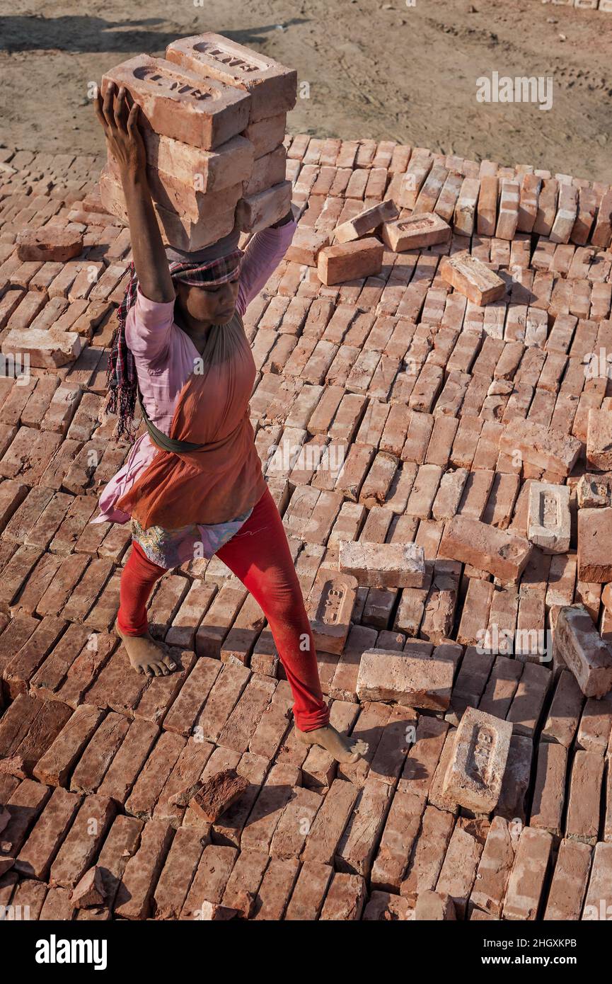 Dalit (unantastbare) Arbeiter in einer Ziegelfabrik am Stadtrand von Kalkutta in Indien. Die Arbeitsbedingungen sind sehr hart. Stockfoto