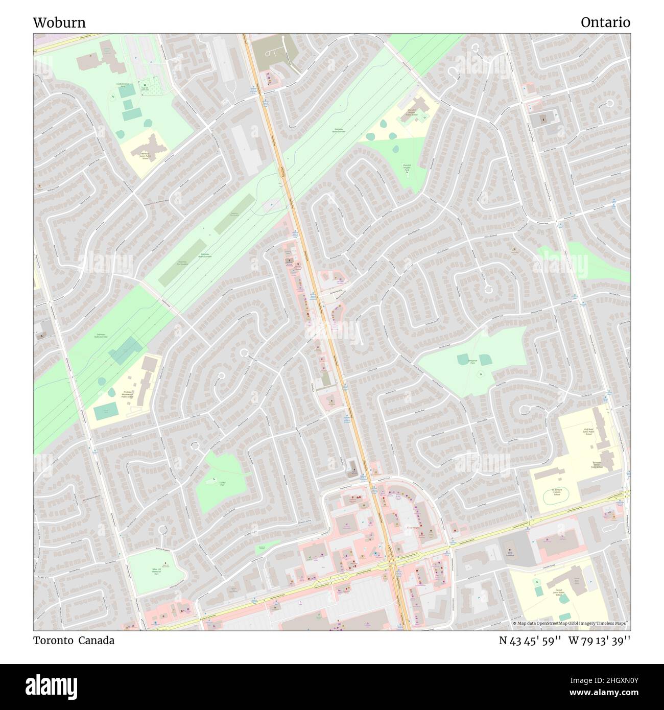 Woburn, Toronto, Kanada, Ontario, N 43 45' 59'', W 79 13' 39'', map, Timeless Map veröffentlicht im Jahr 2021. Reisende, Entdecker und Abenteurer wie Florence Nightingale, David Livingstone, Ernest Shackleton, Lewis and Clark und Sherlock Holmes haben sich bei der Planung von Reisen zu den entlegensten Ecken der Welt auf Karten verlassen.Timeless Maps kartiert die meisten Orte auf der Welt und zeigt die Verwirklichung großer Träume Stockfoto