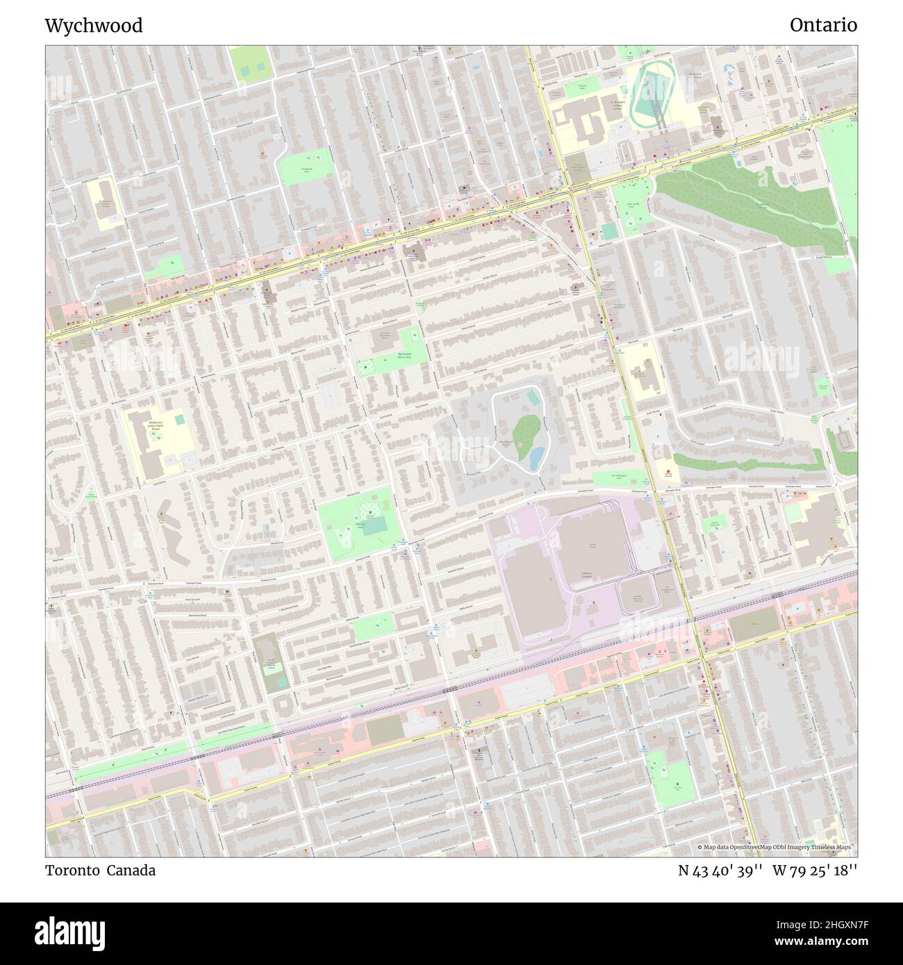 Wychwood, Toronto, Kanada, Ontario, N 43 40' 39'', W 79 25' 18'', map, Timeless Map veröffentlicht im Jahr 2021. Reisende, Entdecker und Abenteurer wie Florence Nightingale, David Livingstone, Ernest Shackleton, Lewis and Clark und Sherlock Holmes haben sich bei der Planung von Reisen zu den entlegensten Ecken der Welt auf Karten verlassen.Timeless Maps kartiert die meisten Orte auf der Welt und zeigt die Verwirklichung großer Träume Stockfoto