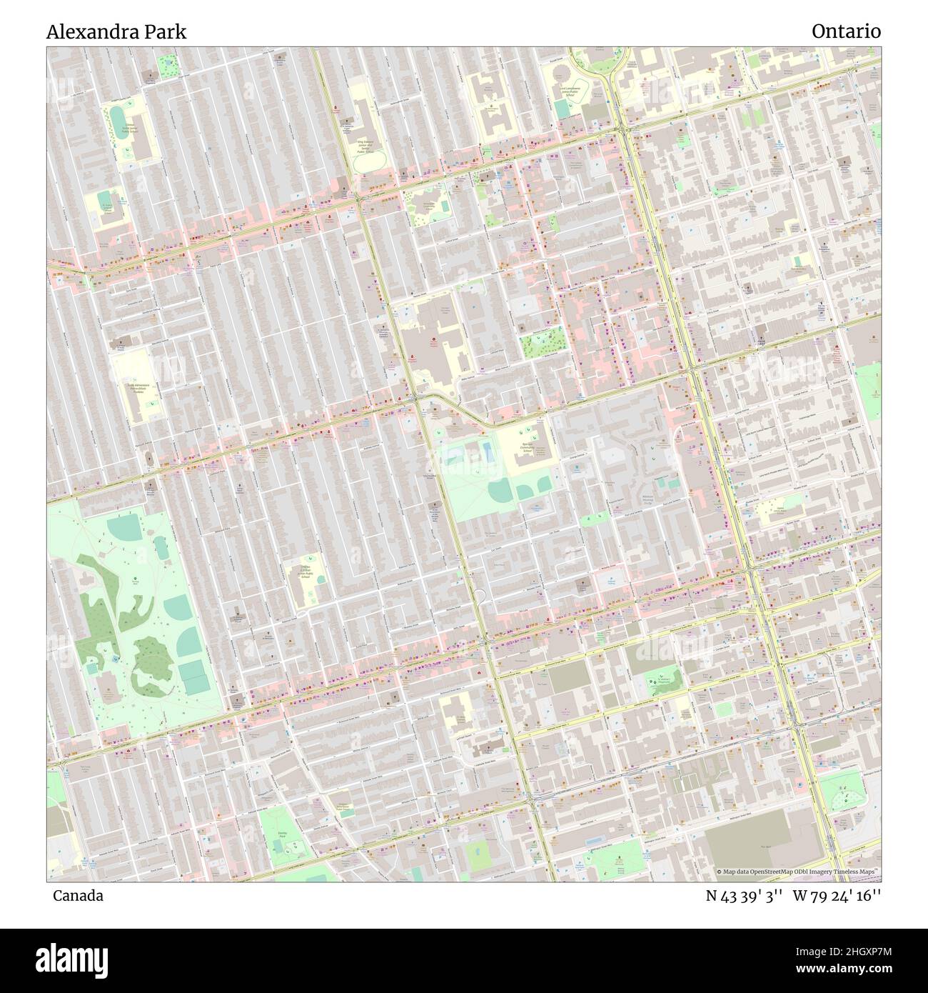 Alexandra Park, Kanada, Ontario, N 43 39' 3'', W 79 24' 16'', map, Timeless Map veröffentlicht im Jahr 2021. Reisende, Entdecker und Abenteurer wie Florence Nightingale, David Livingstone, Ernest Shackleton, Lewis and Clark und Sherlock Holmes haben sich bei der Planung von Reisen zu den entlegensten Ecken der Welt auf Karten verlassen.Timeless Maps kartiert die meisten Orte auf der Welt und zeigt die Verwirklichung großer Träume Stockfoto