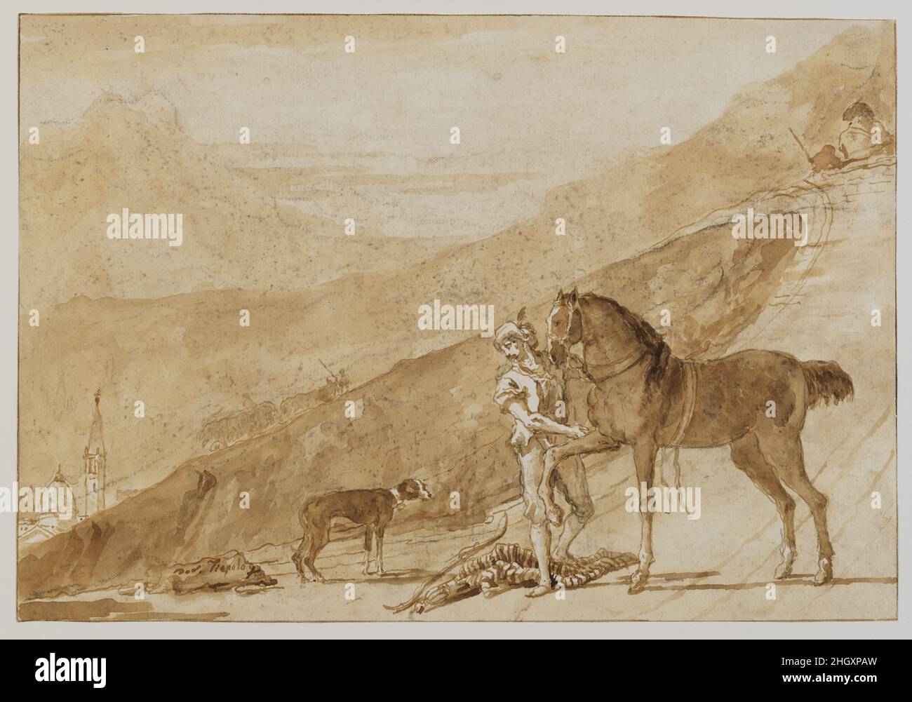 Landschaft mit einem Pferd von einer Seite gehalten nach 1770 Giovanni Domenico Tiepolo Italienisch. Landschaft mit einem Pferd, das von einer Seite gehalten wird. Giovanni Domenico Tiepolo (Italienisch, Venedig 1727–1804 Venedig). Nach 1770. Stift und braune Tinte, braune Wäsche, über schwarzer Kreide; vorläufige Zeichnung auf Papier.. Zeichnungen Stockfoto