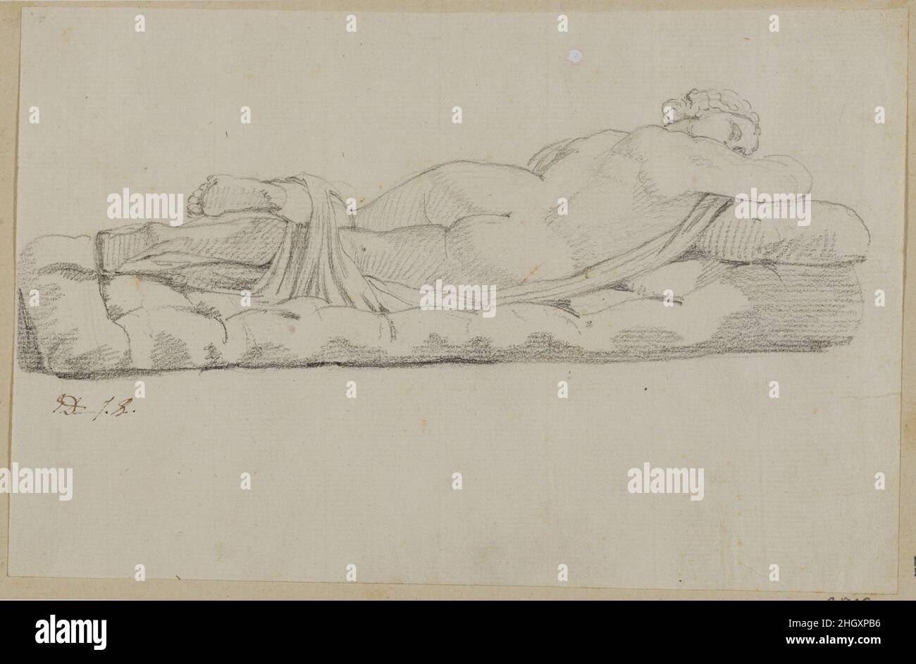 Hermaphrodite ca. 1780 oder ca. 1810 Jacques Louis David die Zeichnung des französischen David basiert auf der schlafenden Hermaphrodite (Musée du Louvre, Paris), einer berühmten antiken Skulptur, die er in der Sammlung der Villa Borghese in Rom oder im Musée Napoléon in Paris gesehen haben könnte, wo sie um 1810 verlegt wurde, Nachdem Napoléon es gekauft hatte. Die Marmorskulptur, wahrscheinlich eine römische Kopie eines griechischen Bronzeoriginals aus dem zweiten Jahrhundert v. Chr., wurde Anfang des 17. Jahrhunderts in Rom ausgegraben. Im Jahr 1620 restaurierte der Bildhauer Gian Lorenzo Bernini die Arbeit, indem er die Matratze und das Laken schuf. In ren Stockfoto