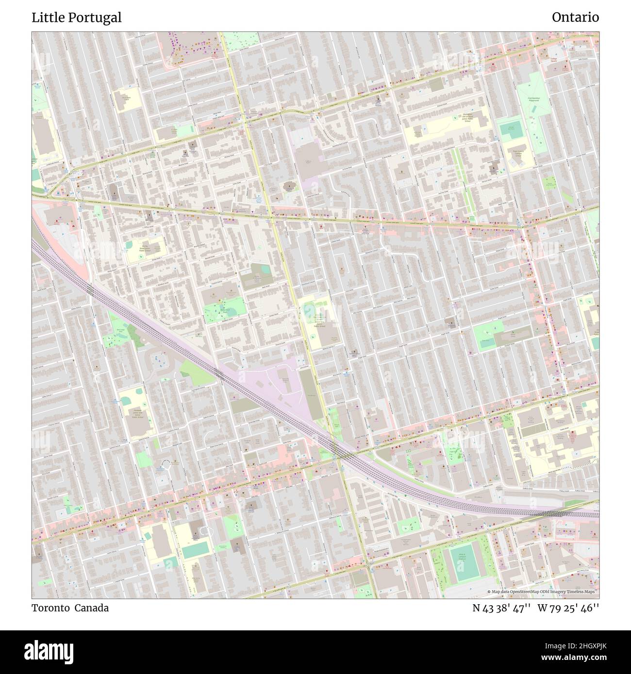 Little Portugal, Toronto, Kanada, Ontario, N 43 38' 47'', W 79 25' 46'', Karte, Timeless Map veröffentlicht im Jahr 2021. Reisende, Entdecker und Abenteurer wie Florence Nightingale, David Livingstone, Ernest Shackleton, Lewis and Clark und Sherlock Holmes haben sich bei der Planung von Reisen zu den entlegensten Ecken der Welt auf Karten verlassen.Timeless Maps kartiert die meisten Orte auf der Welt und zeigt die Verwirklichung großer Träume Stockfoto