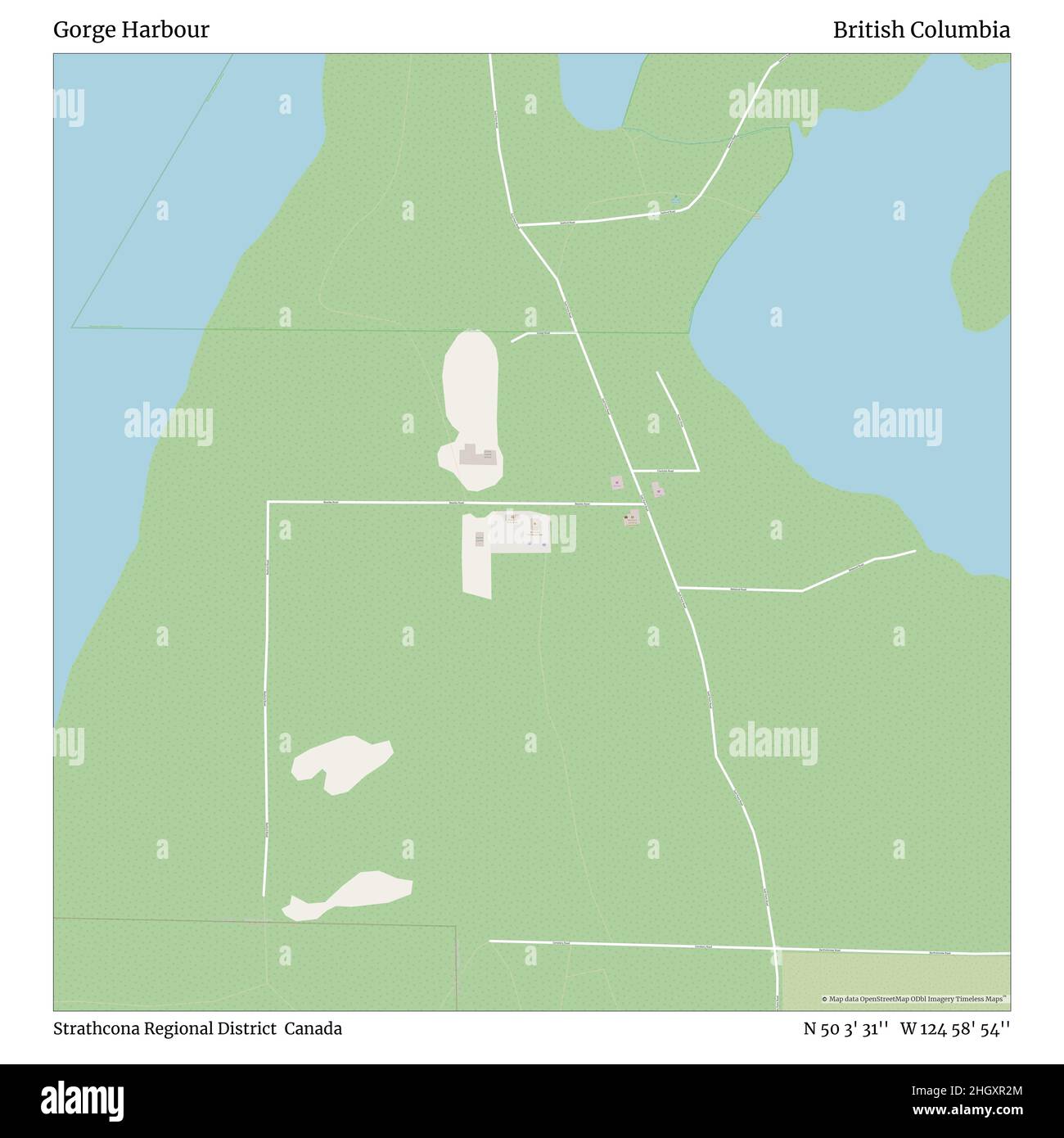 Gorge Harbor, Strathcona Regional District, Kanada, British Columbia, N 50 3' 31'', W 124 58' 54'', map, Timeless Map veröffentlicht im Jahr 2021. Reisende, Entdecker und Abenteurer wie Florence Nightingale, David Livingstone, Ernest Shackleton, Lewis and Clark und Sherlock Holmes haben sich bei der Planung von Reisen zu den entlegensten Ecken der Welt auf Karten verlassen.Timeless Maps kartiert die meisten Orte auf der Welt und zeigt die Verwirklichung großer Träume Stockfoto