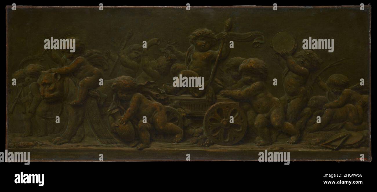 Der Triumph des Bacchus 1780s Piat Joseph Sauvage Sauvage der Name war ein Synonym für Trompe-l’oeil-Gemälde, die antike Skulpturen mit niedrigem Relief imitierten und für die neoklassische Zimmerdekoration sehr beliebt wurden. Das vorliegende Gemälde soll Bronze imitieren. Sauvage zeigte eine etwas größere Version dieses Themas auf dem Salon von 1781. Eine andere Version ist auch bei der MET.. Der Triumph des Bacchus. Piat Joseph Sauvage (Flämisch, Tournai 1744–1818 Tournai). 1780s. Öl auf Leinwand. Gemälde Stockfoto