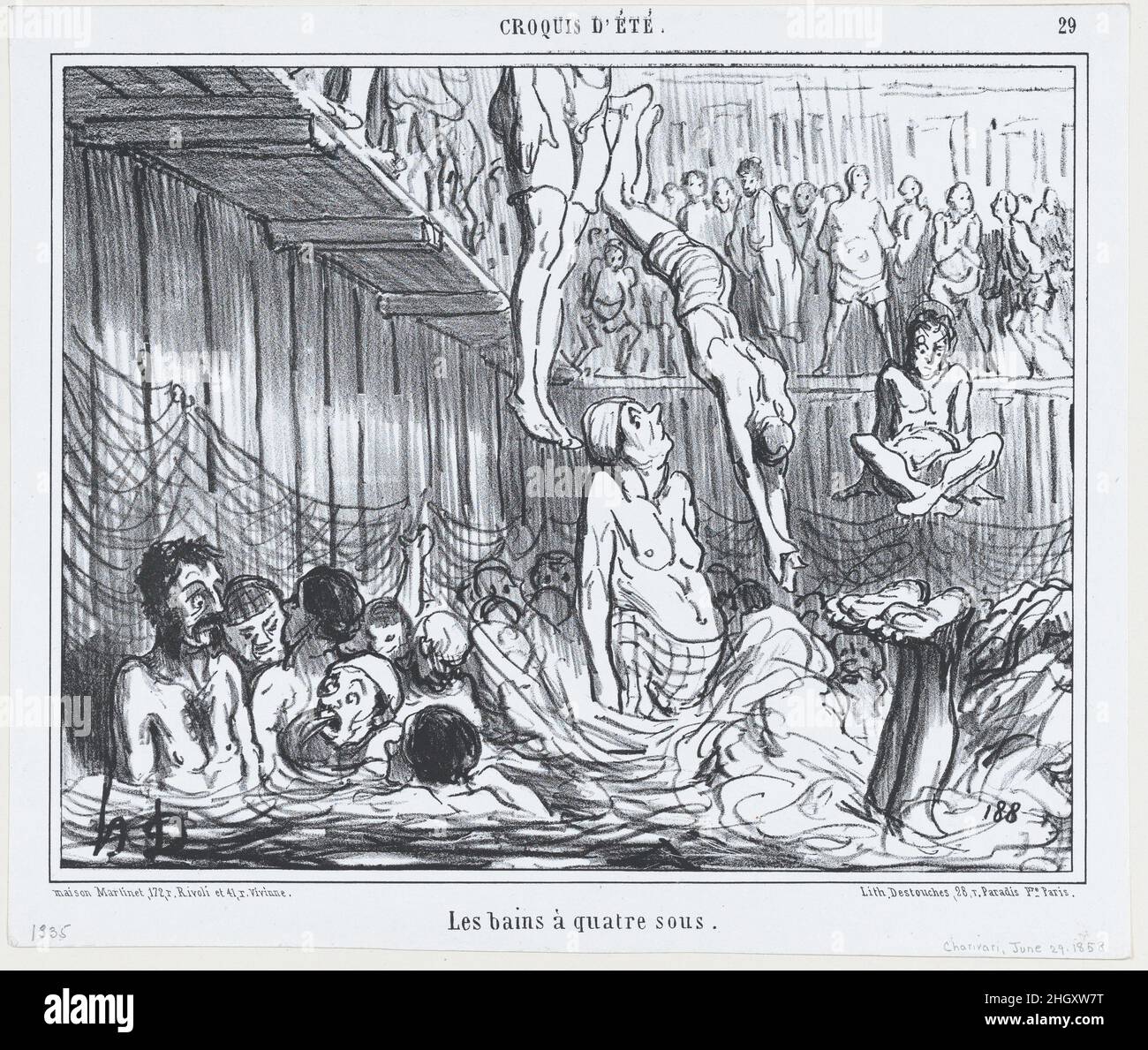 Les bains à quatre sous, aus Croquis d'Été, veröffentlicht in Le Charivari, 29. Juni 1858 29. Juni 1858 Honoré Daumier Französisch. Les bains à quatre sous, aus Croquis d'Été, veröffentlicht in Le Charivari, 29. Juni 1858. Croquis d’Été. Honoré Daumier (Französisch, Marseille 1808–1879 Valmondois). 29. Juni 1858. Lithographie; zweiter Zustand von zwei (Delteil). Aaron Martinet (Französisch, 1762–1841). Ausdrucke Stockfoto