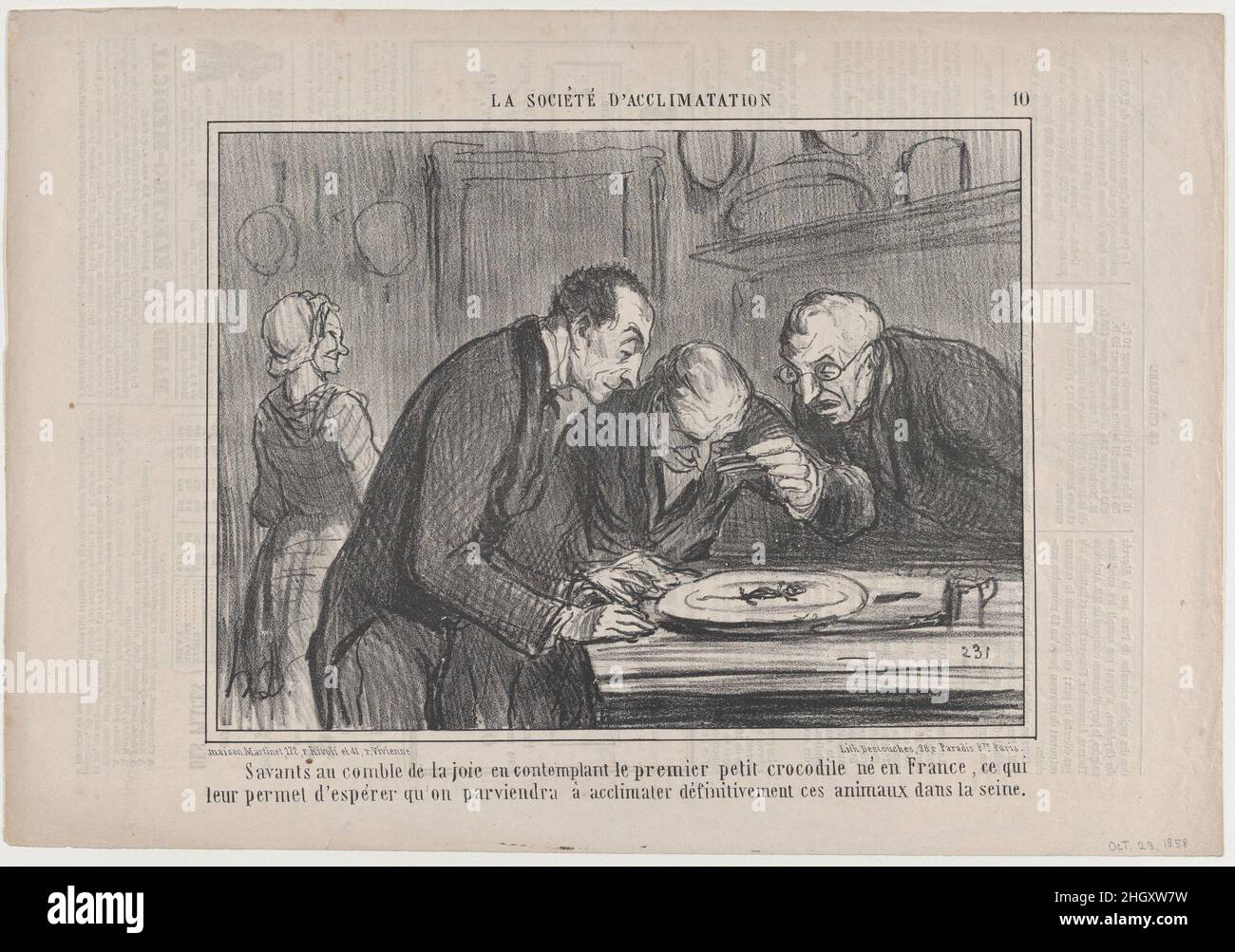 Savants au comble de la joie en contemplant le Premier Petit Crocodile né e France..., aus La Société d'Acclimatations, veröffentlicht in Le Charivari, 23. Oktober 1858 23. Oktober 1858 Honoré Daumier Französisch. Savants au comble de la joie en contemplant le Premier Petit Crocodile né e France..., aus La Société d'Acclimatations, veröffentlicht in Le Charivari, 23. Oktober 1858. La Société d’Acclimatation. Honoré Daumier (Französisch, Marseille 1808–1879 Valmondois). 23. Oktober 1858. Lithographie auf Zeitungspapier; zweiter Zustand von zwei (Delteil). Aaron Martinet (Französisch, 1762–1841). Ausdrucke Stockfoto