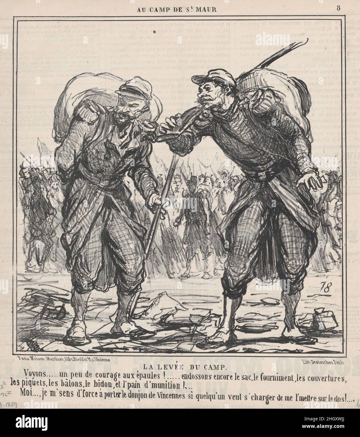 La Levée du Camp, aus dem Au Camp de Saint-Maur, veröffentlicht in Le Charivari, 3. September, 1859. September 3, 1859 Honoré Daumier. La Levée du Camp, aus dem Au Camp de Saint-Maur, veröffentlicht in Le Charivari, 3. September 1859. Au Camp de Saint-Maur. Honoré Daumier (Französisch, Marseille 1808–1879 Valmondois). 3. September 1859. Lithographie auf Zeitungspapier; zweiter Zustand von fünf (Delteil). Aaron Martinet (Französisch, 1762–1841). Ausdrucke Stockfoto