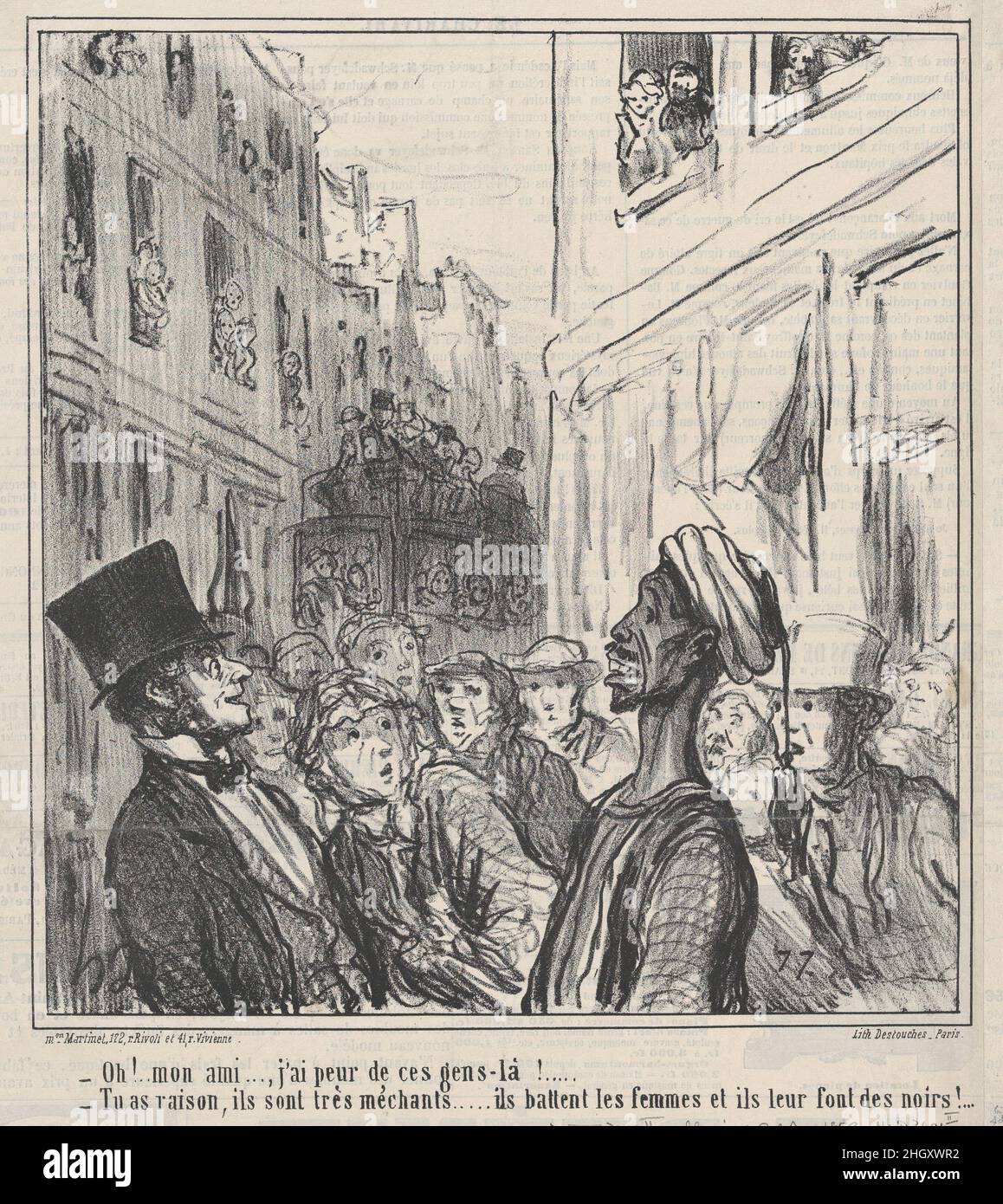 Oh! Mon ami...., j'ai peur de ces Gens-là..., aus Au Camp de Saint-Maur, veröffentlicht in Le Charivari, 30. August 1859 30. August 1859 Honoré Daumier. Oh! Mon ami...., j'ai peur de ces Gens-là..., aus Au Camp de Saint-Maur, veröffentlicht in Le Charivari, 30. August 1859. Au Camp de Saint-Maur. Honoré Daumier (Französisch, Marseille 1808–1879 Valmondois). 30. August 1859. Lithographie auf Zeitungspapier; zweiter Zustand von fünf (Delteil; Hazard & Delteil). Aaron Martinet (Französisch, 1762–1841). Ausdrucke Stockfoto