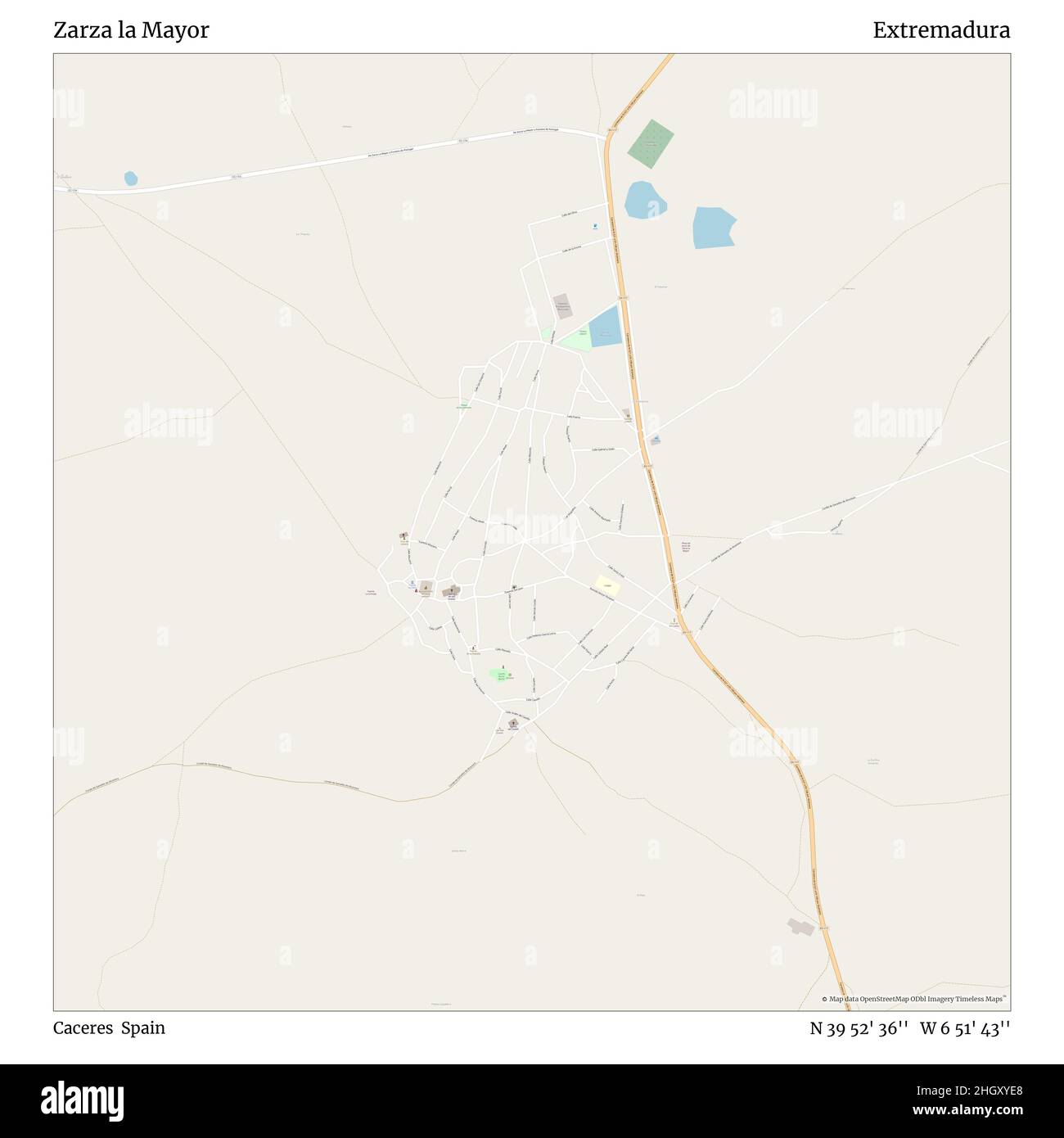 Zarza la Mayor, Caceres, Spanien, Extremadura, N 39 52' 36'', W 6 51' 43'', map, Timeless Map veröffentlicht 2021. Reisende, Entdecker und Abenteurer wie Florence Nightingale, David Livingstone, Ernest Shackleton, Lewis and Clark und Sherlock Holmes haben sich bei der Planung von Reisen zu den entlegensten Ecken der Welt auf Karten verlassen.Timeless Maps kartiert die meisten Orte auf der Welt und zeigt die Verwirklichung großer Träume Stockfoto