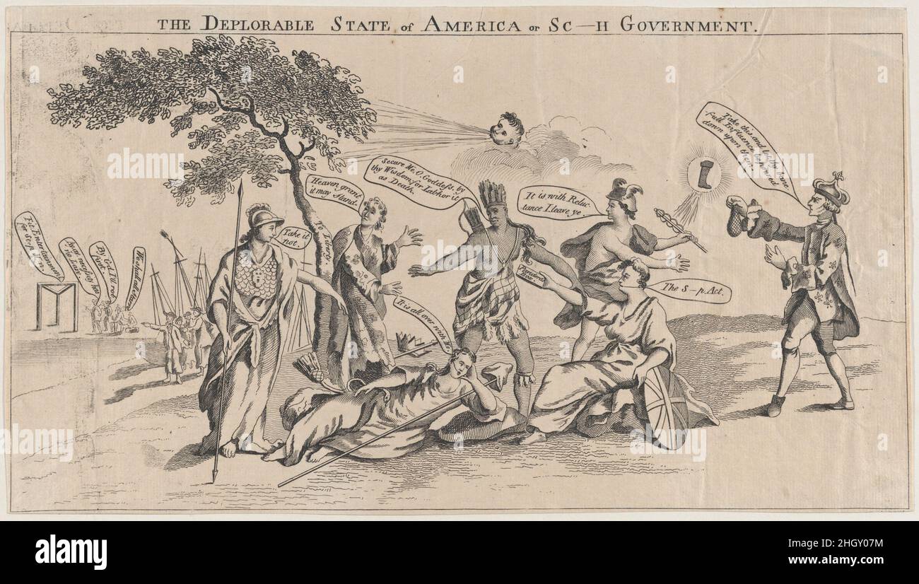 Der beklagenswerte Staat Amerika oder SC   h Regierung 22. März 1765 Anonymous, British, 18th Century British in dieser allegorischen Satire bietet eine sitzende Britannia eine Büchse der Pandora an, die als Symbol des Stamp Act gedacht ist. Minerva, die Weisheit repräsentiert, rät Amerika, sie nicht zu nehmen, während die Freiheit auf dem Boden liegt, unterdrückt von einem Distel (ein Verweis auf George III Chief Minister, den schottischen Lord Bute), und angegriffen von einer Schlange, die Verrat verkörpert. Merkur, ein Symbol der Wahrheit, verlässt Amerika. Der beklagenswerte Staat Amerika oder die SC   h-Regierung. Anonym, Britis Stockfoto