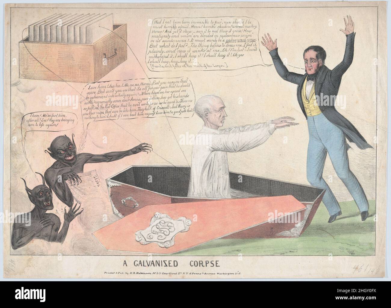 A Galvanized Corpse 1836 gedruckt und veröffentlicht von Henry R. Robinson US-Amerikaner der jacksonische Herausgeber Francis Preston Blair erhebt sich aus seinem Sarg, der von einer primitiven galvanischen Batterie wiederbelebt wird. Er wird mit zwei Dämonen und einem anderen Mann (möglicherweise Amos Kendall) gezeigt. Eine galvanisierte Leiche. 1836. Lithographie, handkoloriert. Gedruckt und herausgegeben von Henry R. Robinson (amerikanisch, aktiv 1830/33–1850). Francis Preston Blair Jr. (Amerikanisch, 1821–1875). Ausdrucke Stockfoto