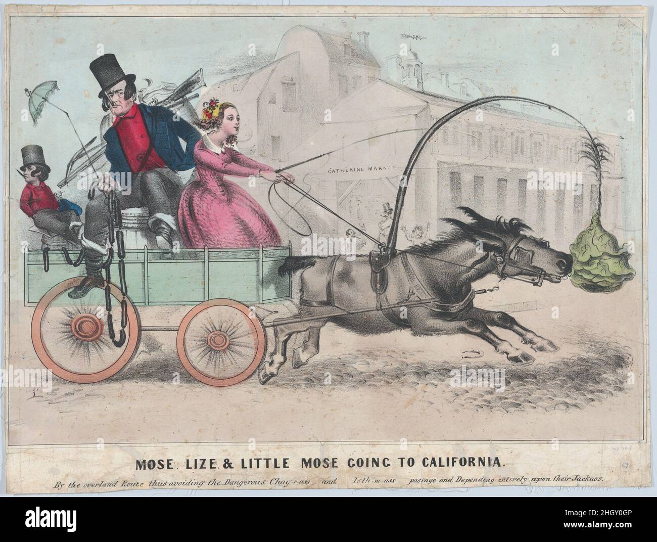 Mose, Lize & Little Mose auf dem Weg nach Kalifornien Ca. 1849 Henry R. Robinson der Amerikaner Robinson, einer der ersten erfolgreichen Karikaturisten Amerikas, zeigt hier Mose, die Bowery B’hoy, eine Figur, die Frank Changrau auf der Bühne bekannt machte. Mose verkörpert einen New Yorker Typ von Arbeiterklasse, einen einzigen Mann, der in Lower Manhattan lebte, als Feuerwehrmann oder Mechaniker eine Beschäftigung fand, sich mit viel Spaß bekleidet, Theaterstücke genoss und sich oft einer Bande anschloss. Moses leuchtend rotes Hemd, gerollte Hosen, Zylinderhut und gekippte Zigarre machten ihn unumgänglich und zeigen sich in diesem Druck, der von einem Theaterstück aus dem Jahr 1849 inspiriert wurde, das Mose, seinen Sohn Little Mose, schickt Stockfoto