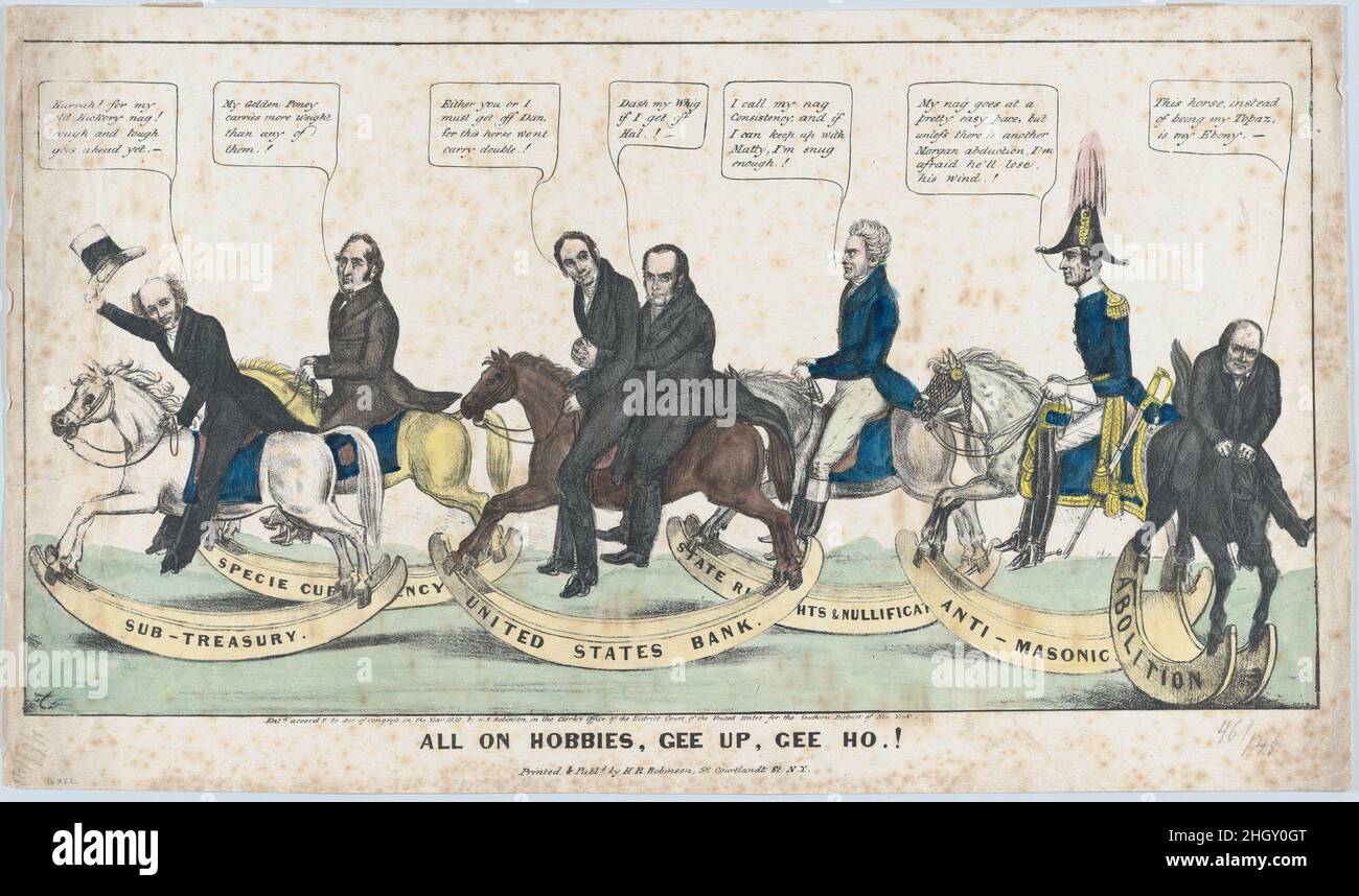 Alles auf Hobbies, Gee Up, Gee Ho! 1838 Edward Williams Clay American. Alles auf Hobbies, Gee Up, Gee Ho!. Edward Williams Clay (Amerikaner, Philadelphia, Pennsylvania 1799–1857 New York). 1838. Lithographie, handkoloriert. Henry R. Robinson (amerikanisch, aktiv 1830/33–1850). Martin Van Buren (Amerikanisch, 1782–1862). Ausdrucke Stockfoto