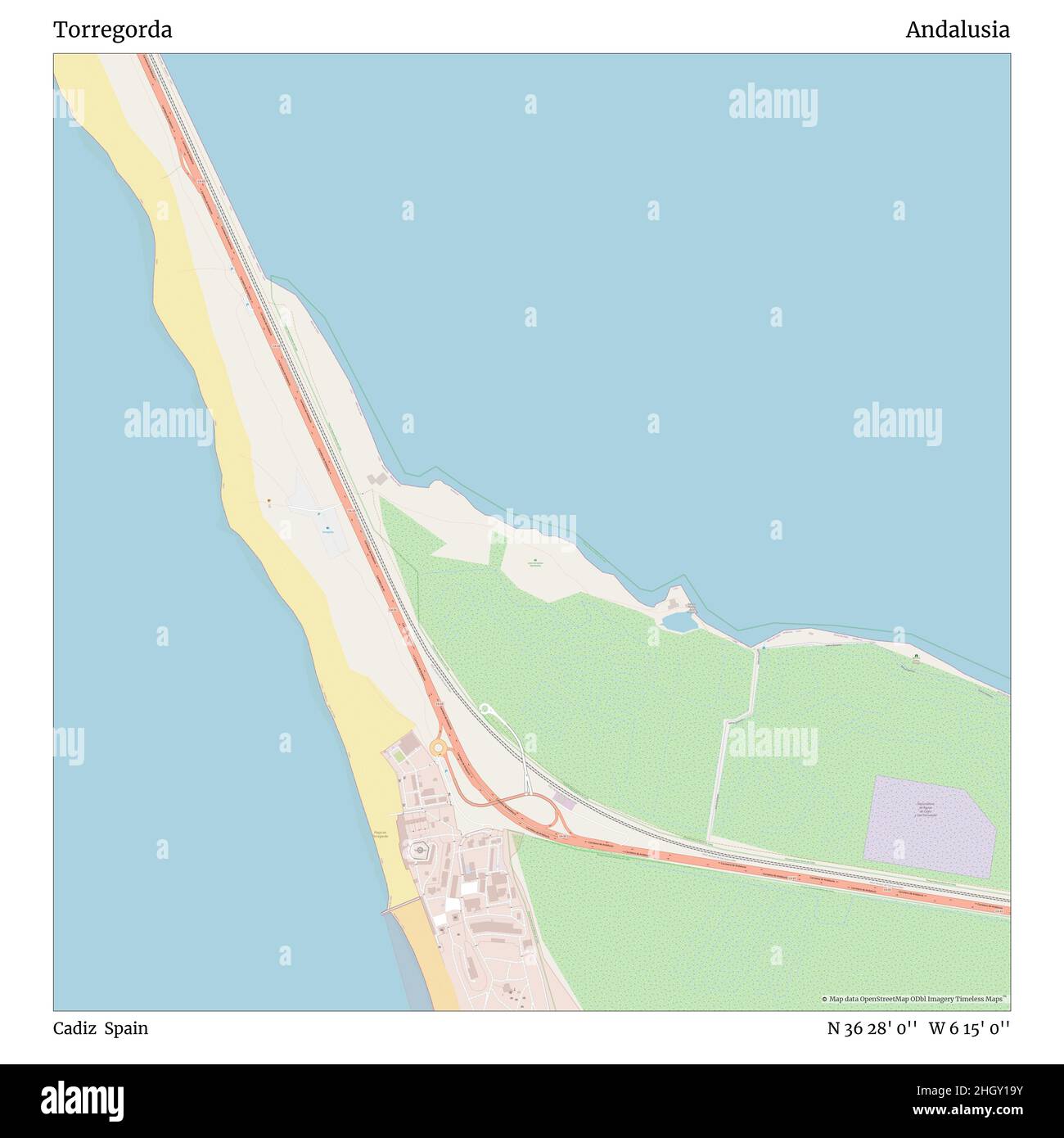 Torregorda, Cádiz, Spanien, Andalusien, N 36 28' 0'', W 6 15' 0'', Karte, Timeless Map veröffentlicht im Jahr 2021. Reisende, Entdecker und Abenteurer wie Florence Nightingale, David Livingstone, Ernest Shackleton, Lewis and Clark und Sherlock Holmes haben sich bei der Planung von Reisen zu den entlegensten Ecken der Welt auf Karten verlassen.Timeless Maps kartiert die meisten Orte auf der Welt und zeigt die Verwirklichung großer Träume Stockfoto