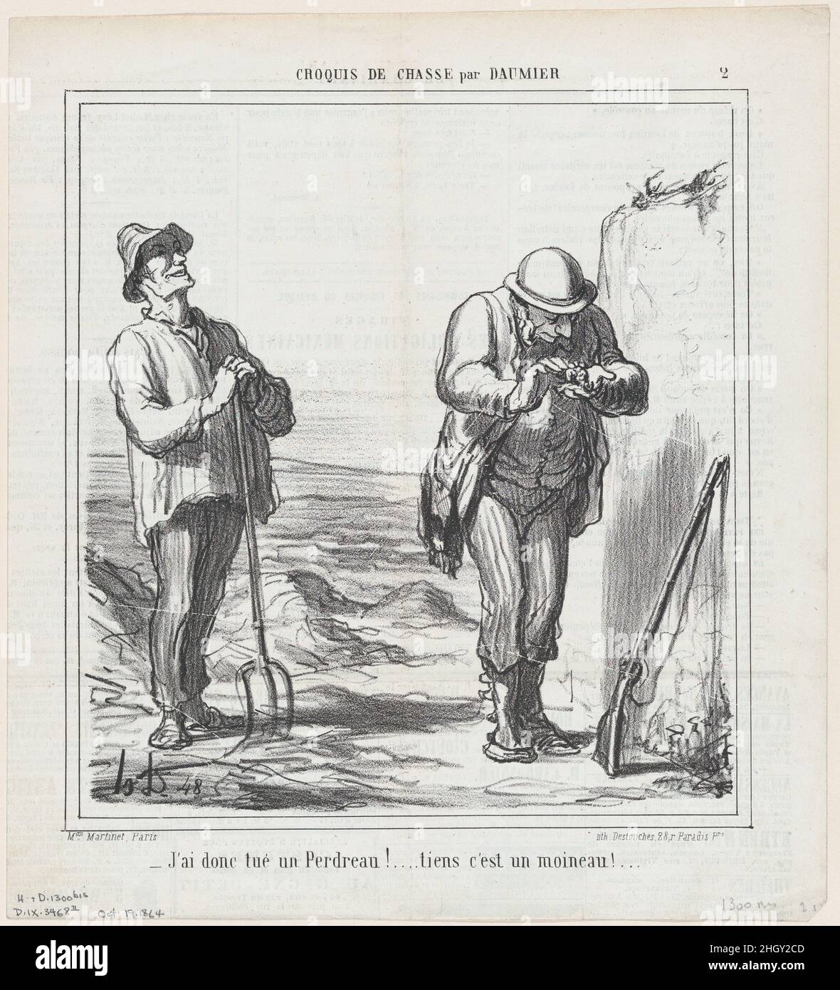 Also habe ich ein Rebhuhn eingesackt!... Ach ja, es ist nur ein Sperling!..., aus 'Hunting Sketches', veröffentlicht in Le Charivari, 19. Oktober 1864 19. Oktober 1864 Honoré Daumier. Also habe ich ein Rebhuhn eingesackt!... Ach ja, es ist nur ein Sperling!..., aus 'Hunting Sketches', veröffentlicht in Le Charivari, 19. Oktober 1864. „Jagdskizzen“ (Croquis de Chasse). Honoré Daumier (Französisch, Marseille 1808–1879 Valmondois). 19. Oktober 1864. Lithographie auf Zeitungspapier; zweiter Zustand von zwei (Delteil). Ausdrucke Stockfoto
