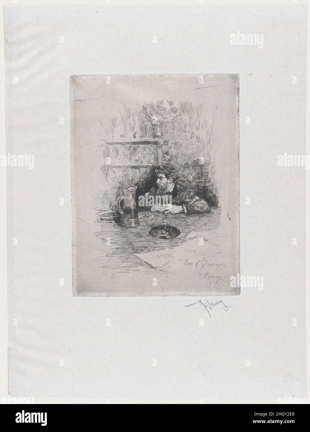 Porträt des Malers Eduardo Zamacois an einem Tisch sitzend ca. 1869 Mariano Fortuny, 1838–1874 Spanisch Eduardo Zamacois y Zabala?(1841–1871) war ein baskischer Maler, der nach seiner Ausbildung in Paris 1866 nach Rom reiste und sich mit Fortuny anfreundete. Die Inschrift auf diesem Druck-'A mi q. Zamacois' (an meine liebe Zamacois) – spiegelt ihre Freundschaft wider. Zamacois erkannte Fortunys Talent als Grafiker und stellte ihn dem Verleger Adolphe Goupil in Paris vor. Goupil bot Fortuny einen Vertrag an und veröffentlichte alle seine Radierungen. Der Druck wurde nach Fortunys Ruf als Grafiker gemacht Stockfoto